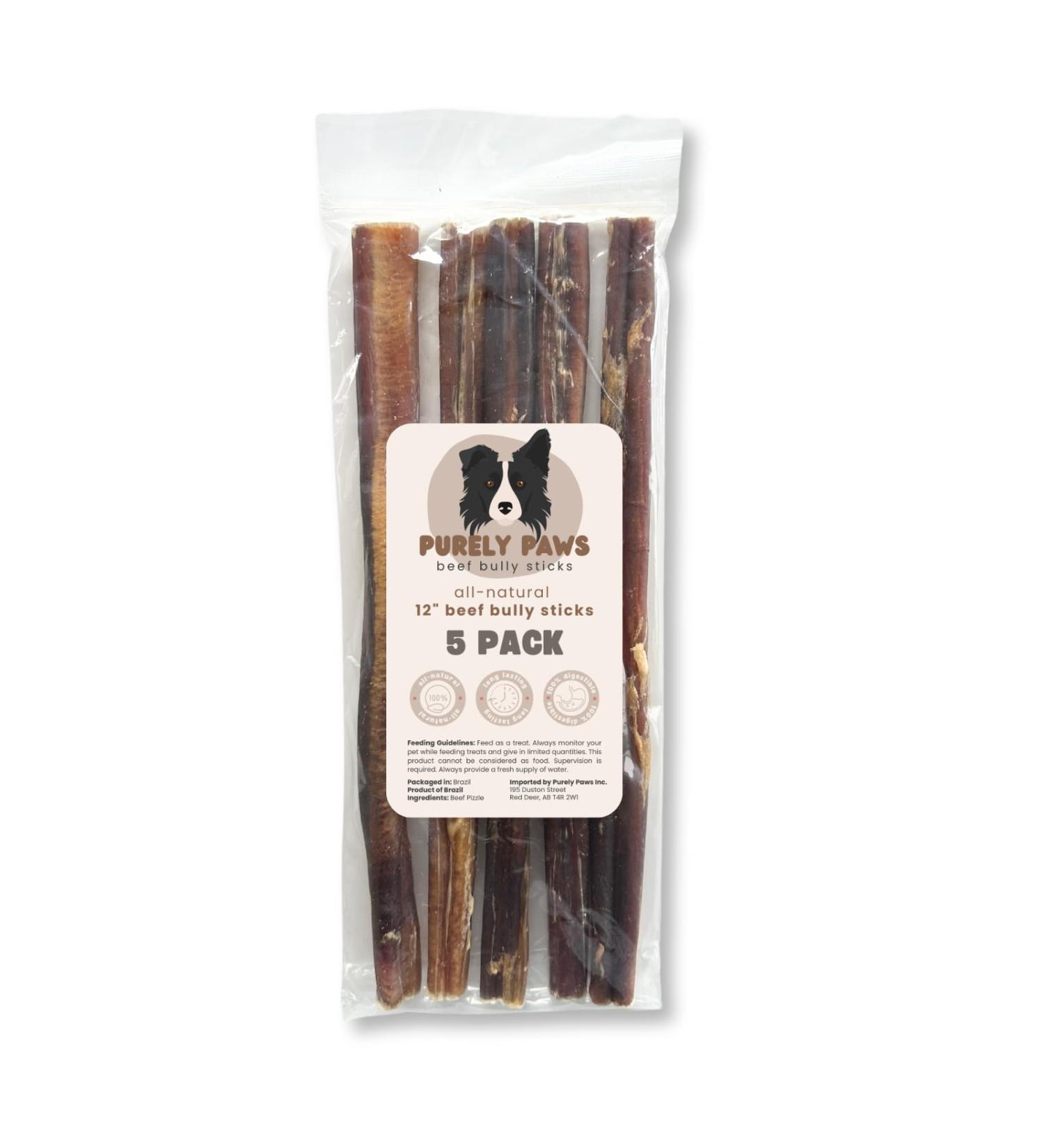 Purely Paws All-Natural Beef Bully Sticks - Safe Digestible Dog Chews - Long-Lasting Low-Odour Rawhide Free - (12" 5 Count) 12" (Pack of 5) - Buy Online on GoSupps.com