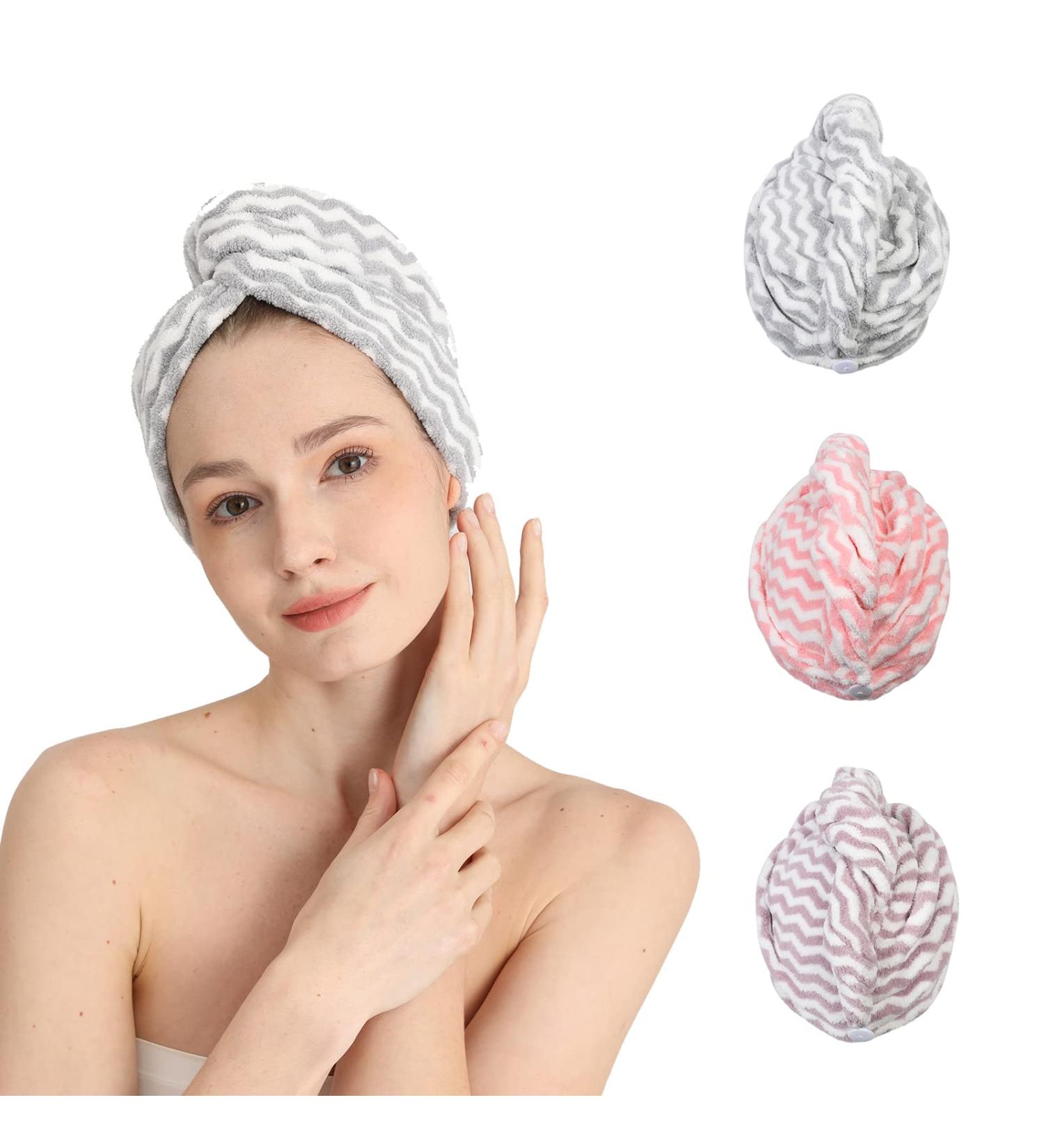 Good Nite 3 Pack Microfibre Hair Drying Towel Wrap Super Absorbent Twist with Buttons Dry Hair Turbans for Women Girl Wet Hair 65 x 25cm Small Stripes - Buy Online on GoSupps.com