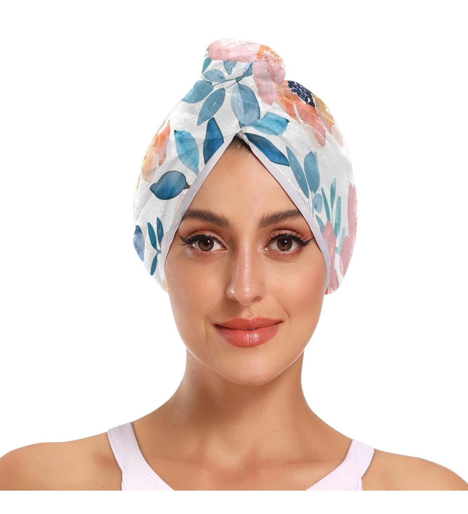 Super Absorbent Watercolor Colored Flowers Hair Towel 2 Pack | Quick Dry Hair Turbans for Women & Girls - Buy Online on GoSupps.com