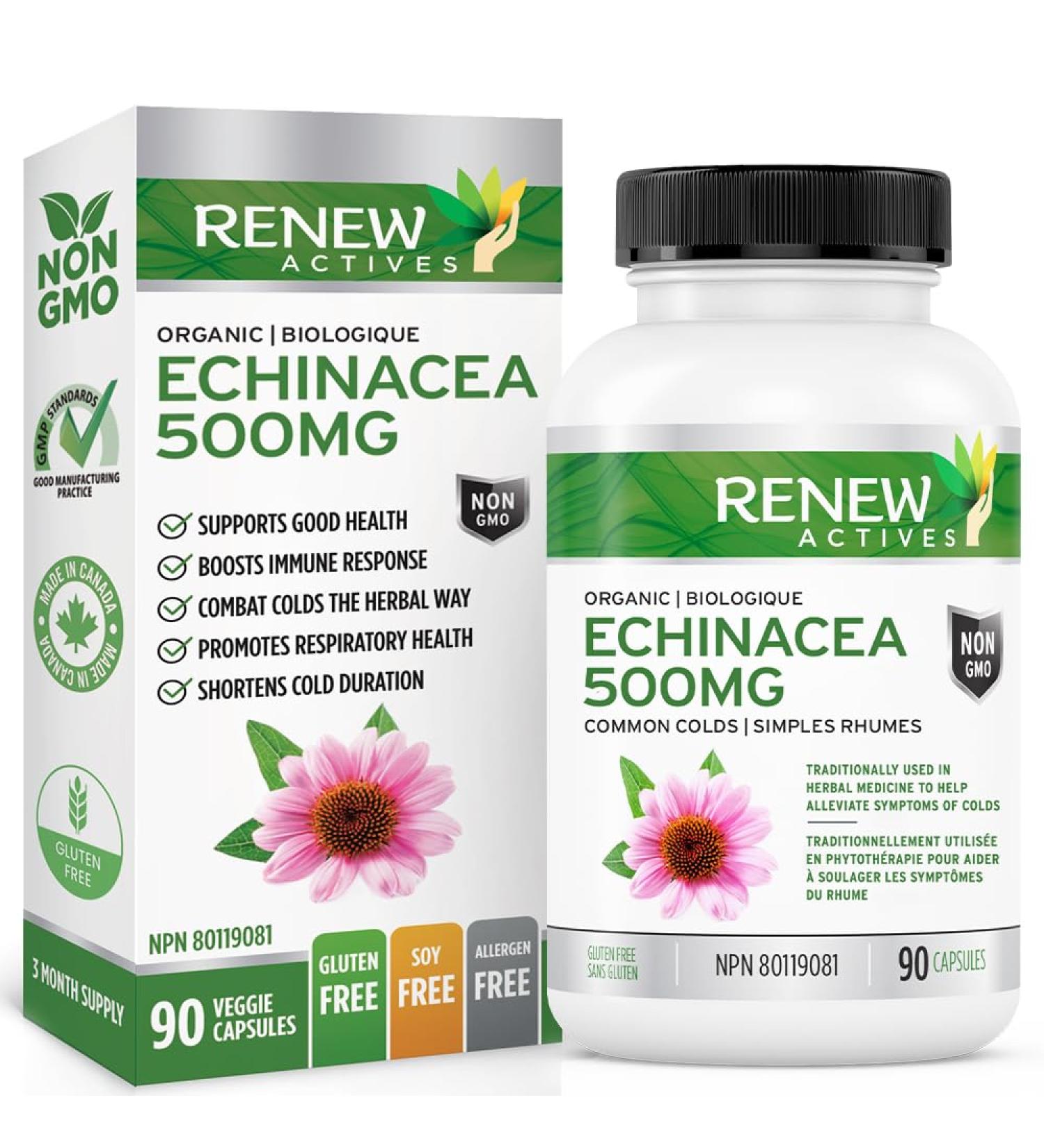 RENEW ACTIVES ORGANIC ECHINACEA (10:1 RATIO) - High Potency Herbal Supplement to Relieve Symptoms & Shorten Duration of Upper Respiratory Conditions Non-GMO Easy-to-Swallow - 90 Capsules - Made in Canada - Buy Online on GoSupps.com
