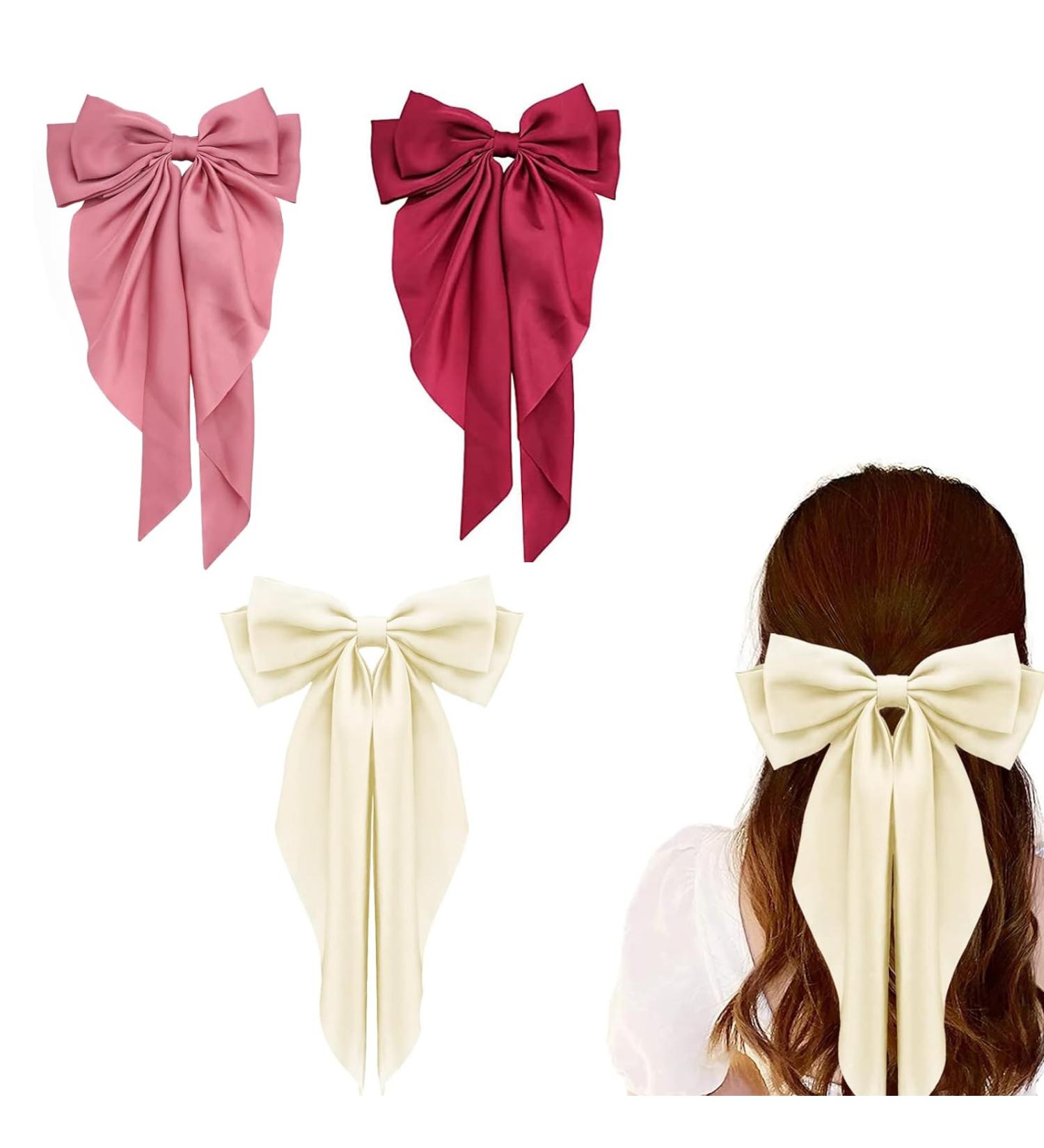 DHWEKU 3 Pieces Hair Clips with Big Bow Soft Silky Satin Hair Clip Long Tail French Ribbon Hairpins 90s Bowknot Clip for Party Christmas Women Girls - Buy Online on GoSupps.com