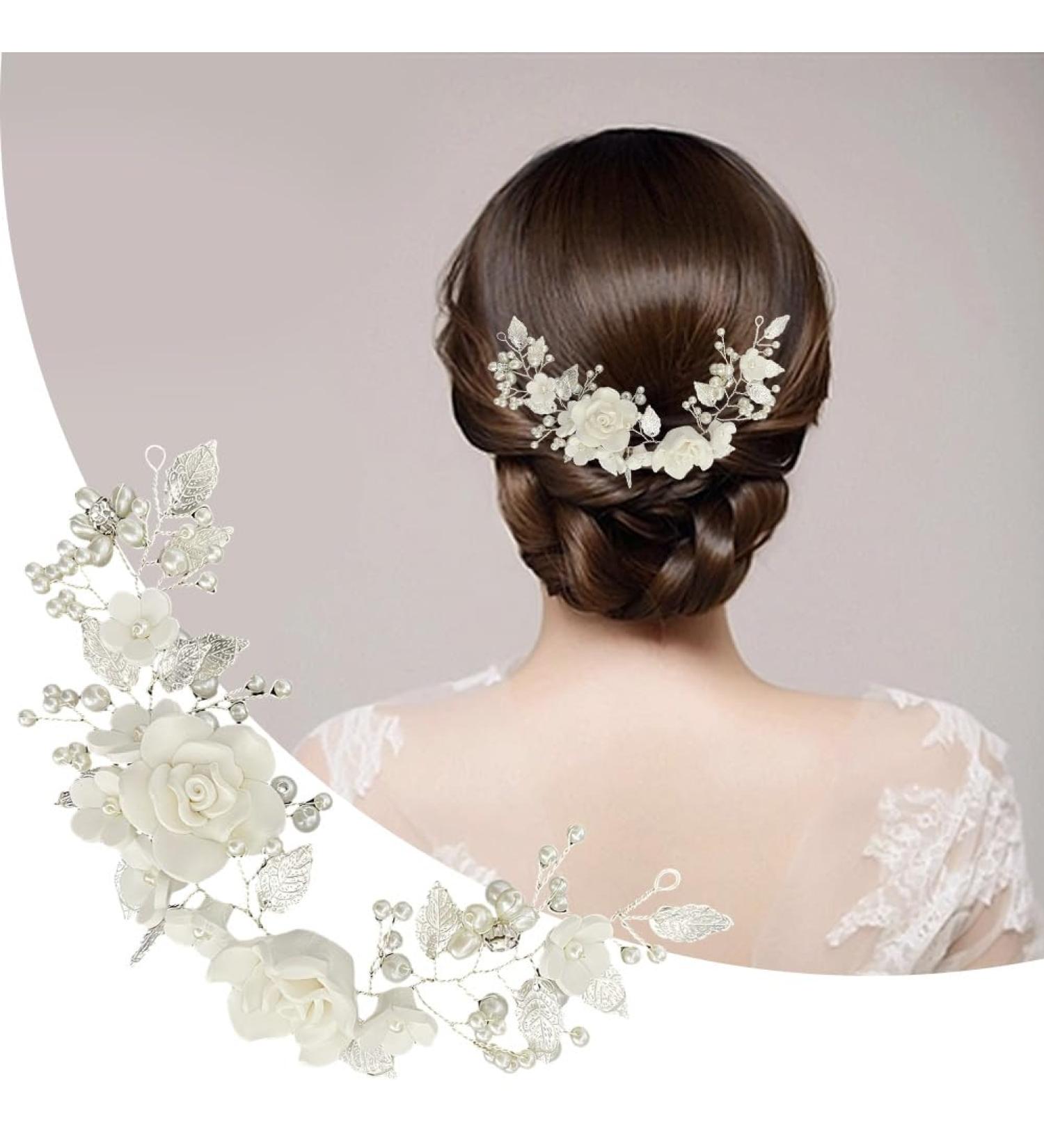 Bridal Hair Clips Vintage Elegant Ladies Pearl Hair Accessories Floral Hair Accessories Suitable for Brides and Bridesmaids or Daily Prom Wear(25cm) pearly white - Buy Online on GoSupps.com