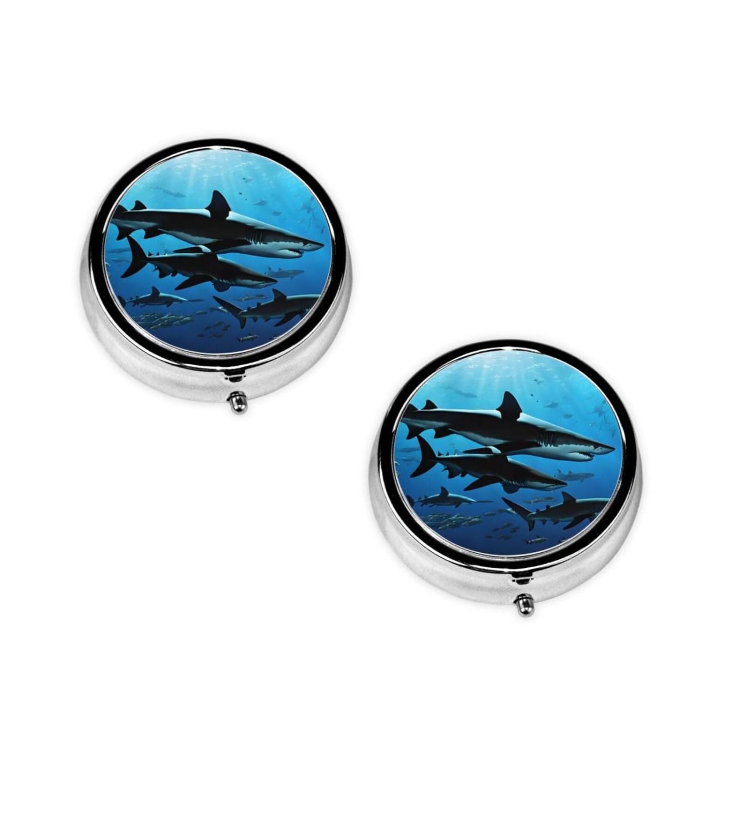 Hammerhead Sharks Round Pill Box - 3 Compartment Mini Travel Organizer | Portable Black Pill Case for Vitamins & Meds - Buy Online on GoSupps.com