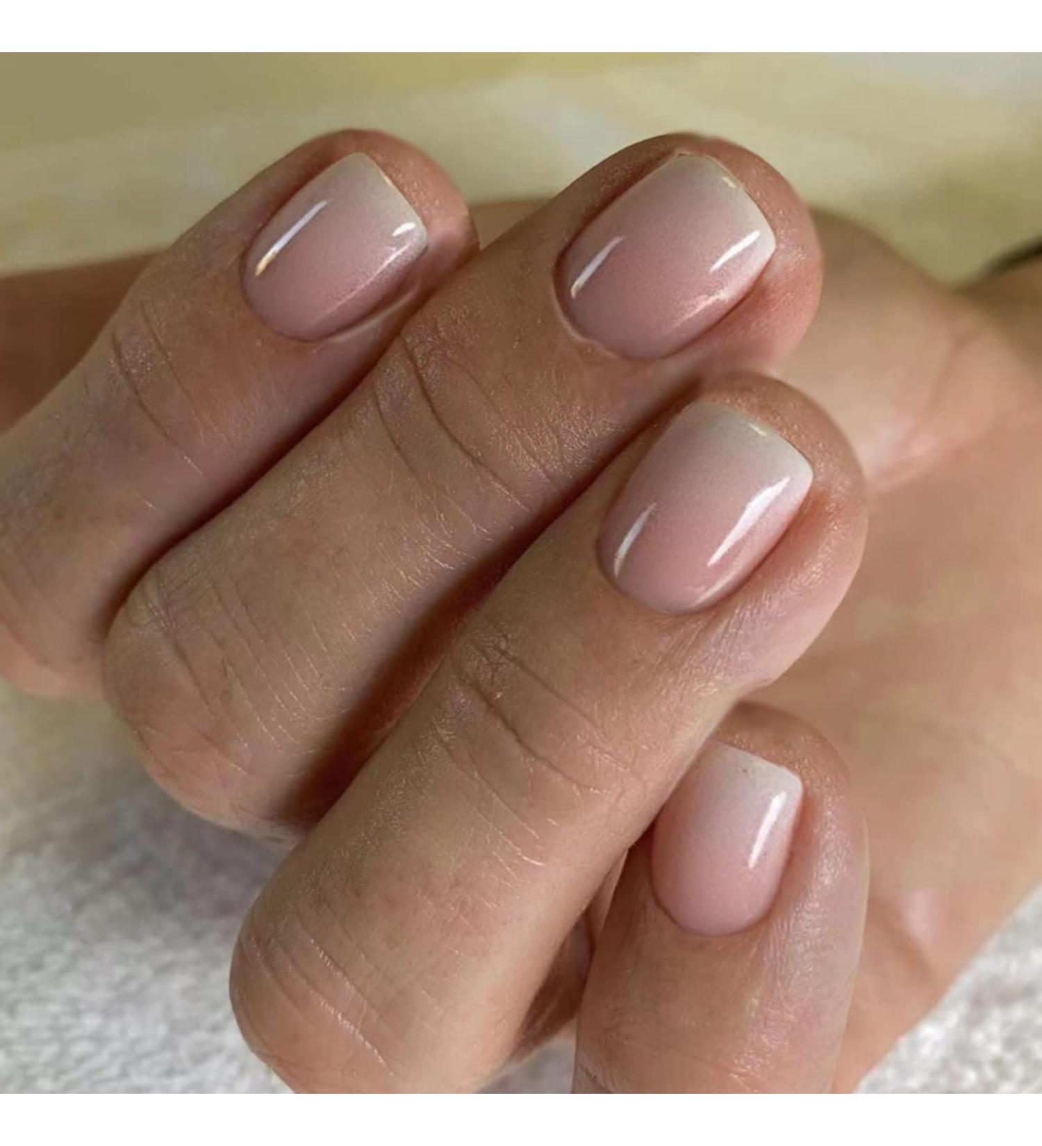 Justotry 24-Pack Beige Angular Press-On Nails - Glossy Nude Gradient & White Fake Nails for Women - Short Square Fingernails Design - Buy Online on GoSupps.com