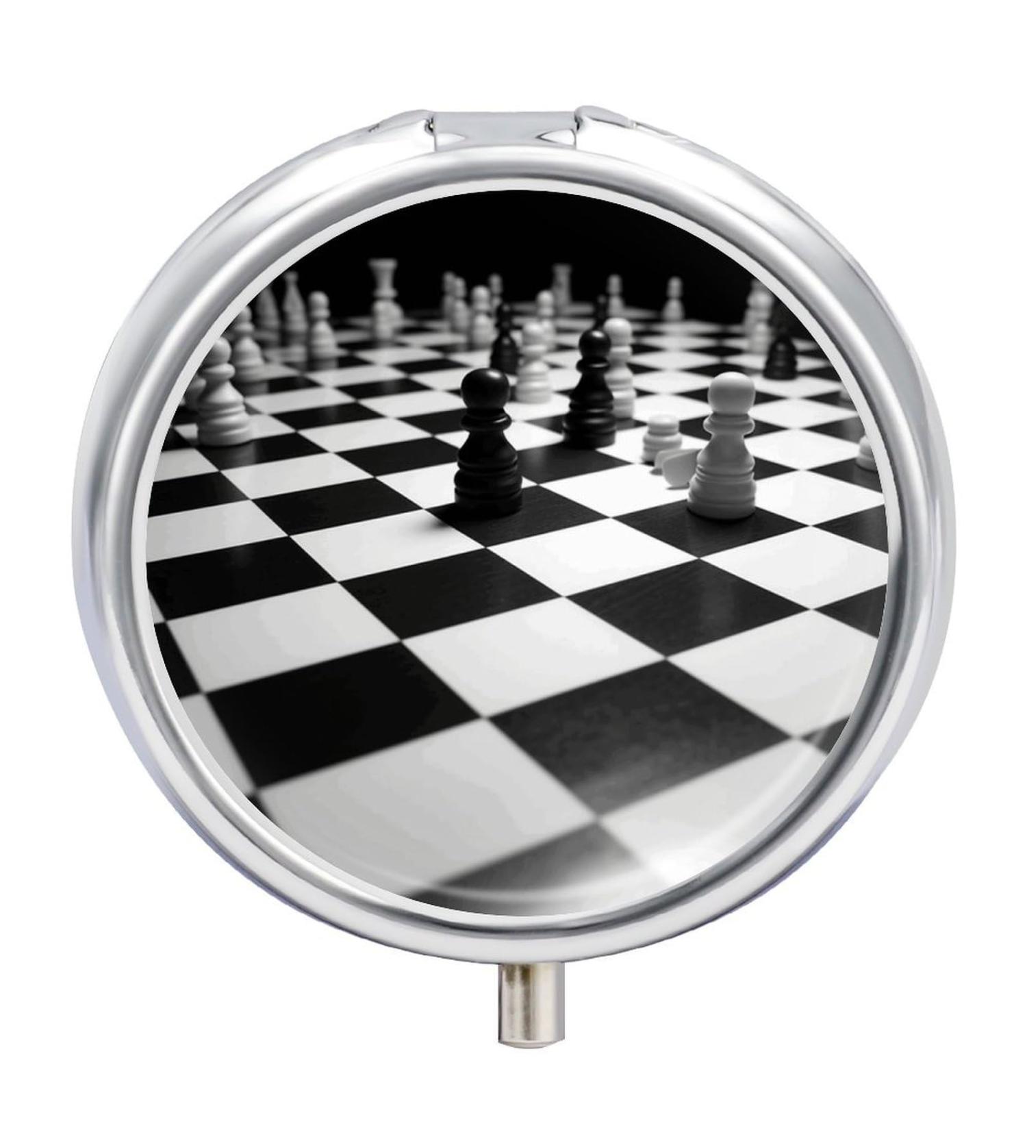 Round Black & White Chess Checkerboard Pill Box - 3 Compartment Portable Organizer | Decorative Metal Medicine Case - Buy Online on GoSupps.com