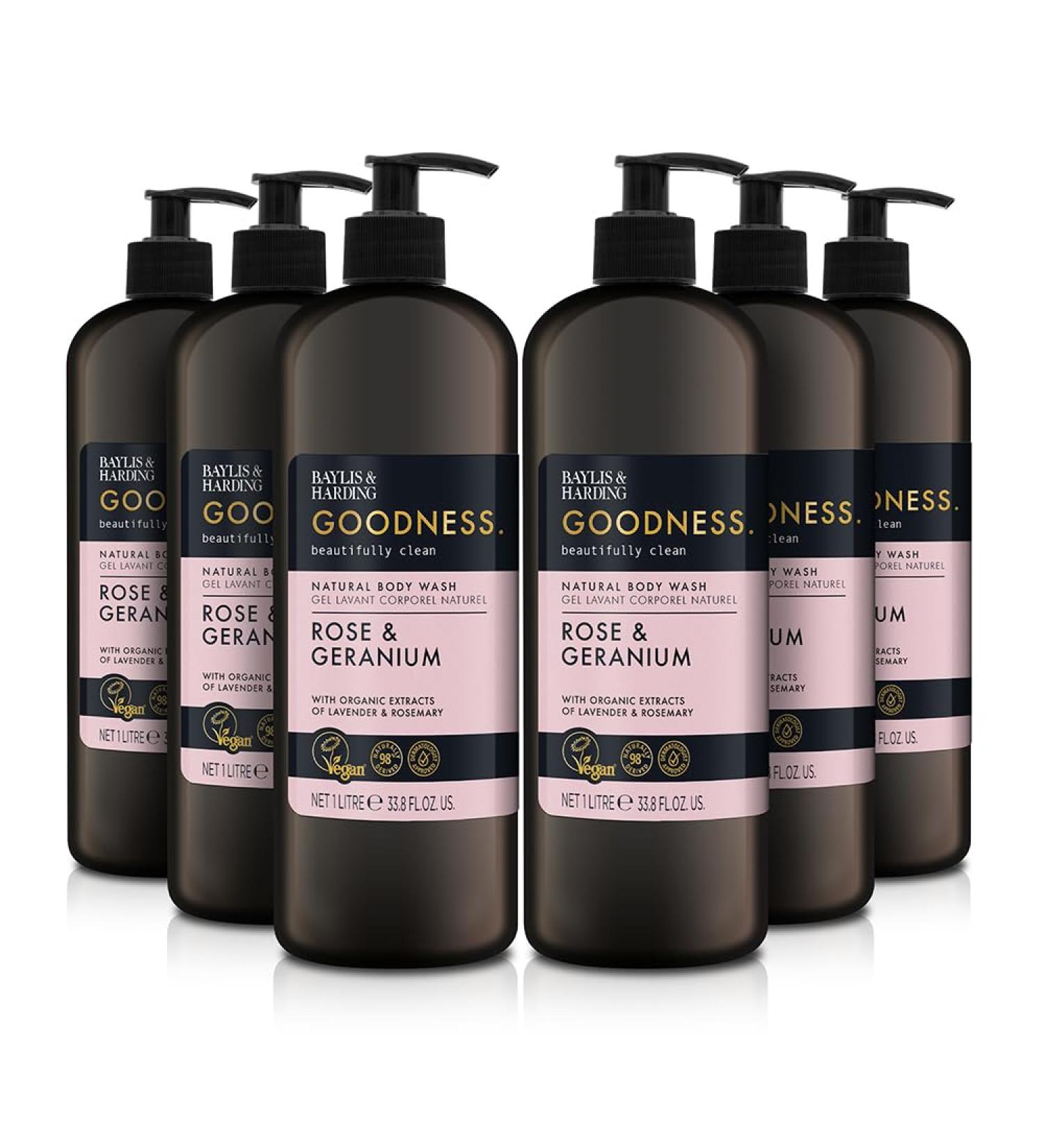 Baylis & Harding Goodness Rose & Geranium Natural Body Wash 1 Litre (Pack of 6) - Vegan Friendly 1 l (Pack of 6) Rose & Gernium Body Wash 1L - Buy Online on GoSupps.com