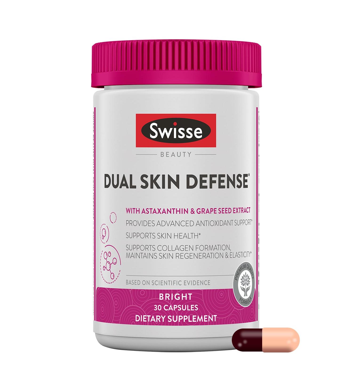 Swisse Beauty Dual Skin Defense Supplement | Astaxanthin, Grape Seed Extract, and Vitamin C | Supports Collagen Formation, Skin Elasticity, Antioxidant Protection & Regeneration | 30 Capsules - Buy Online on GoSupps.com