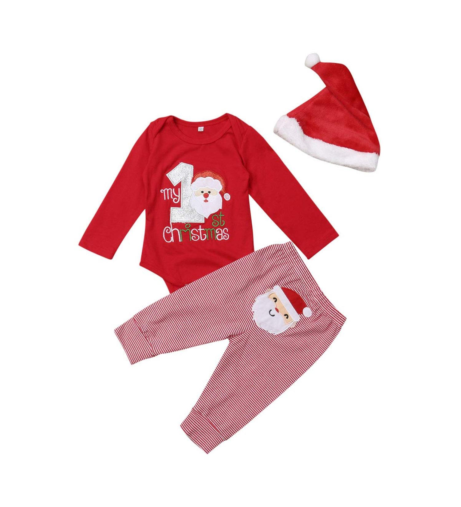 Geagodelia My First Christmas Newborn Toddler Baby Girl Boy Outfit Clothes Long Sleeve Romper Santa Claus Pants Pajamas Set Red With Hat 6-9 Months