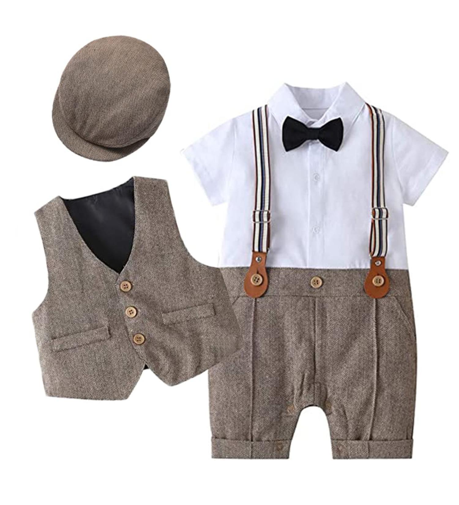 Baby Boy Gentlemen Romper Suit | Christening Baptism Outfit with Bow Tie Waistcoat and Hat | Brown | 6-12 Months - Buy Online on GoSupps.com