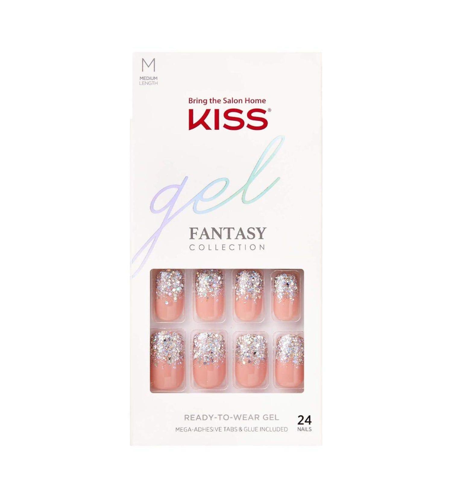 KISS Gel Fantasy Ready-to-Wear Press-On Nails Kit - Warning Sign Style | Medium Length | Pink Gel Glue | 24 Adhesive Tabs | Manicure Stick & Mini File Included - Buy Online on GoSupps.com