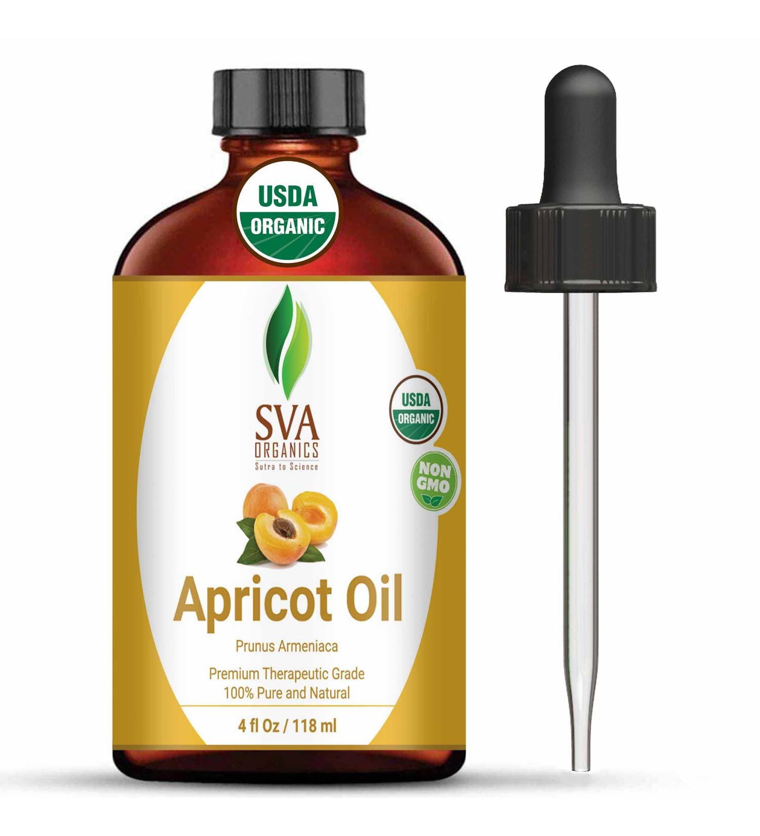 SVA ORGANICS Apricot Oil 4 Oz - USDA Organic, 100% Pure Cold Pressed Carrier Oil for Skin, Hair, Body - Premium Therapeutic Grade Oil - Buy Online on GoSupps.com