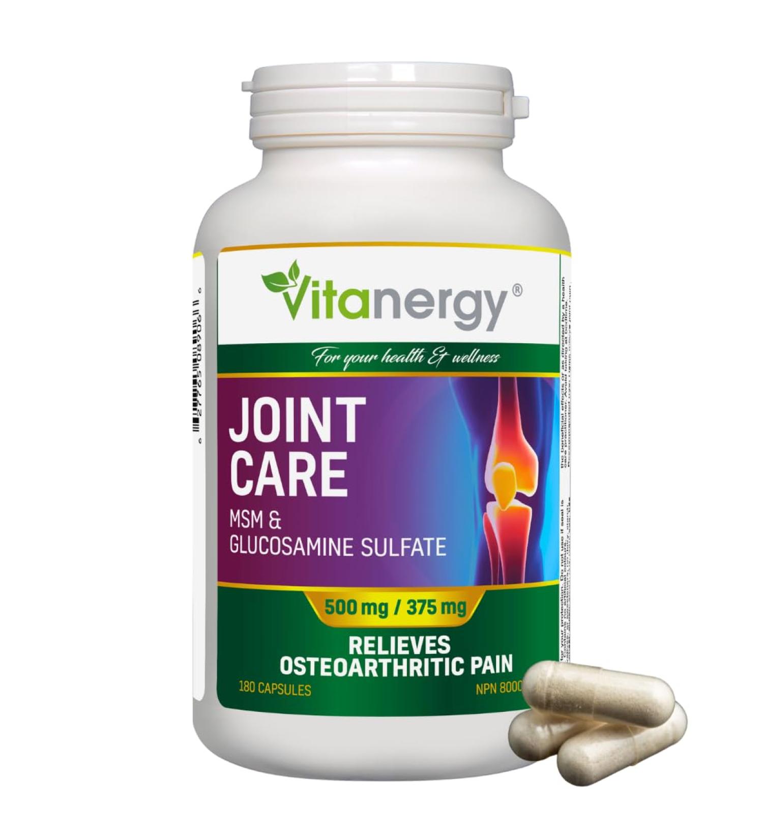 Vitanergy Joint Pain Relief - High Potency MSM & Glucosamine Supplement - Arthritis Relief Formula - 180 Capsules - Non-GMO Dairy-Free Clean Ingredients - Made in Canada - 1.5 Month Supply - Buy Online on GoSupps.com