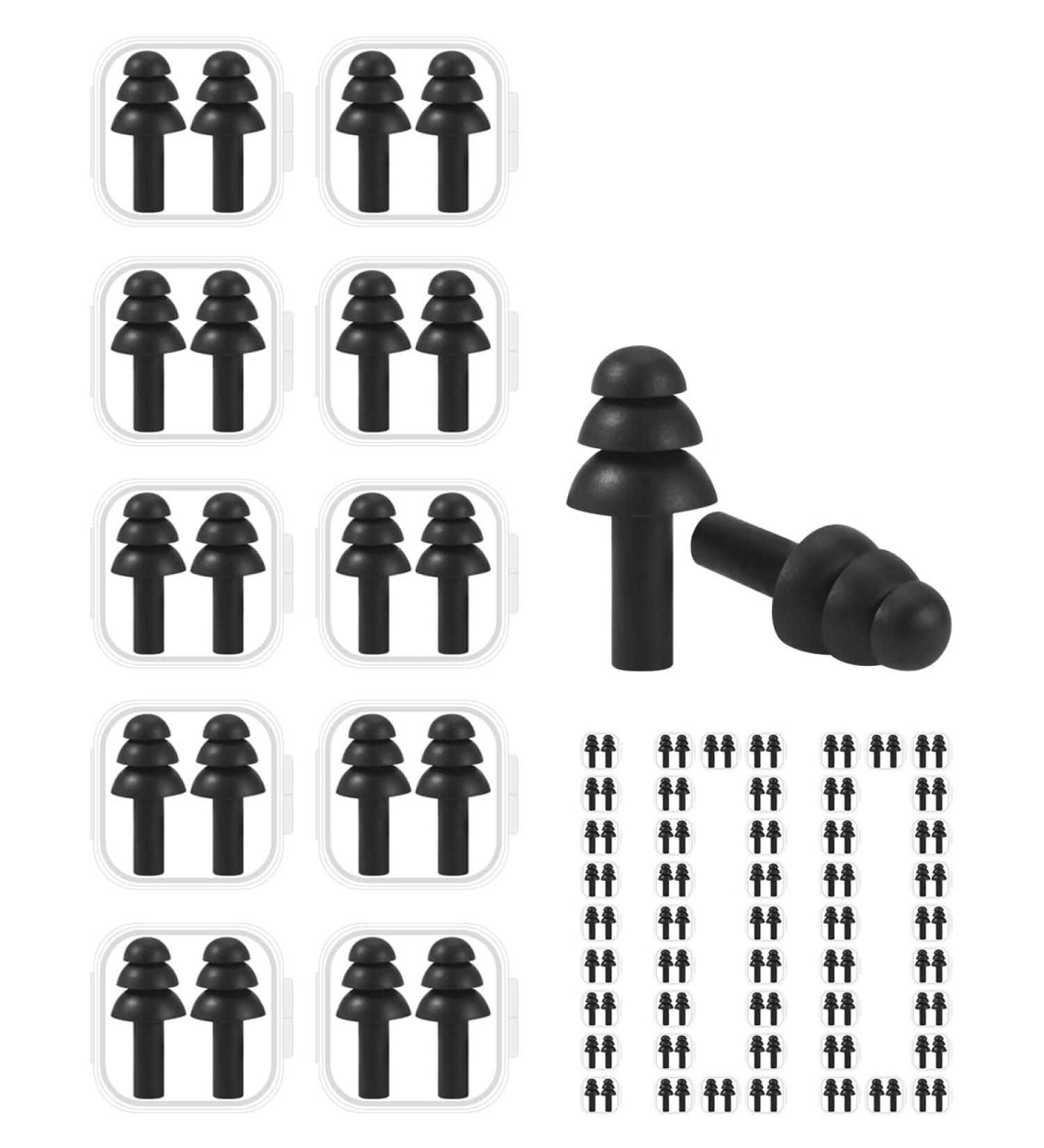 100 Pairs Reusable Silicone Ear Plugs with Carry Case - Individually Wrapped - NRR 26dB Waterproof Noise Reduction Earplugs for Swimming Snoring Sleeping Shooting Travelling (Black)