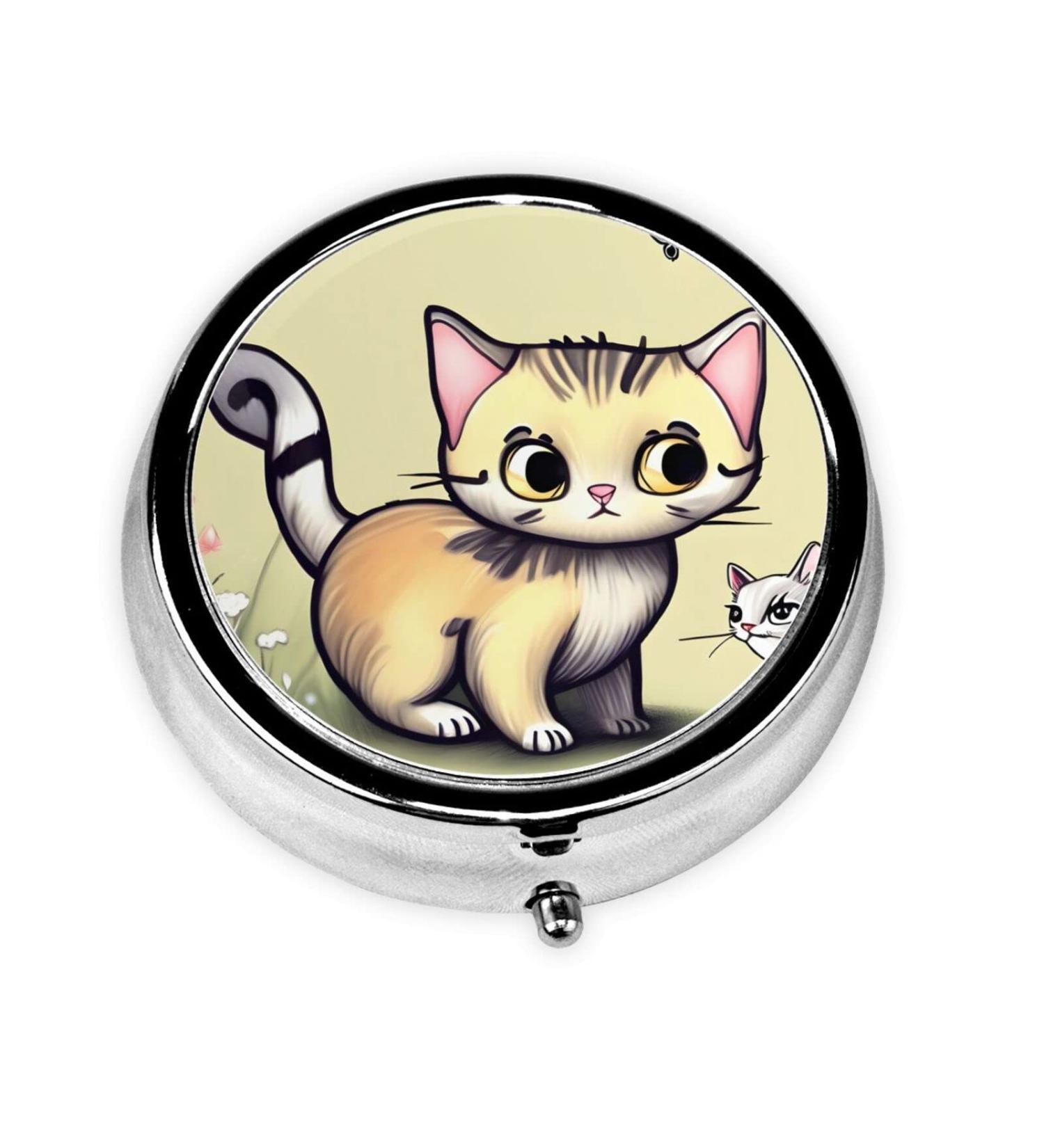 Cat and Butterfly Round Pill Box | 3 Compartments Portable Organizer for Travel & Purse - Buy Online on GoSupps.com