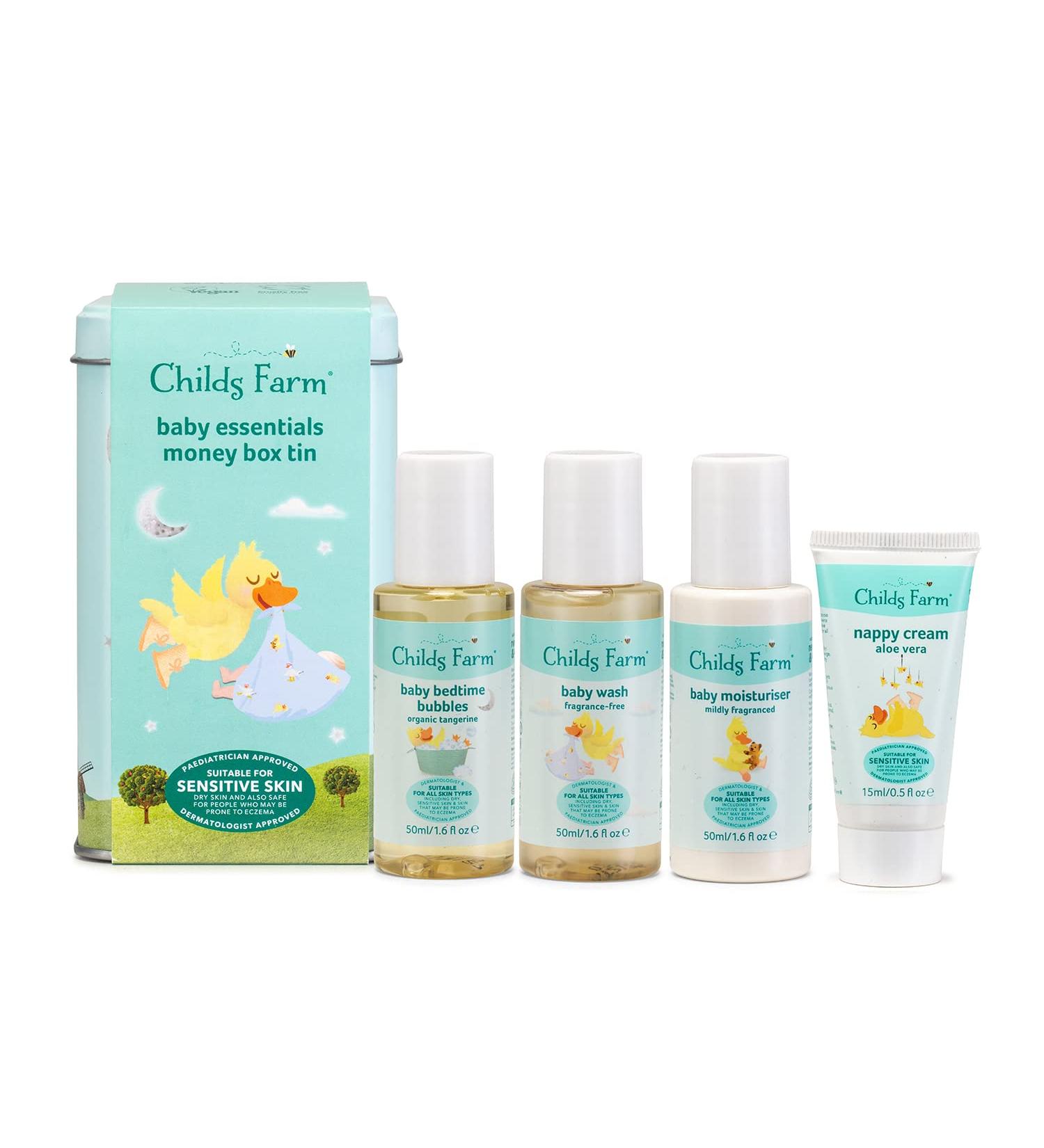 Childs Farm Baby Little Essentials Money Box Tin | Baby Bedtime Bubbles, Moisturiser, Wash & Nappy Cream | Baby Shower Gifts | For Dry, Sensitive, Eczema-Prone Skin - Buy Online on GoSupps.com