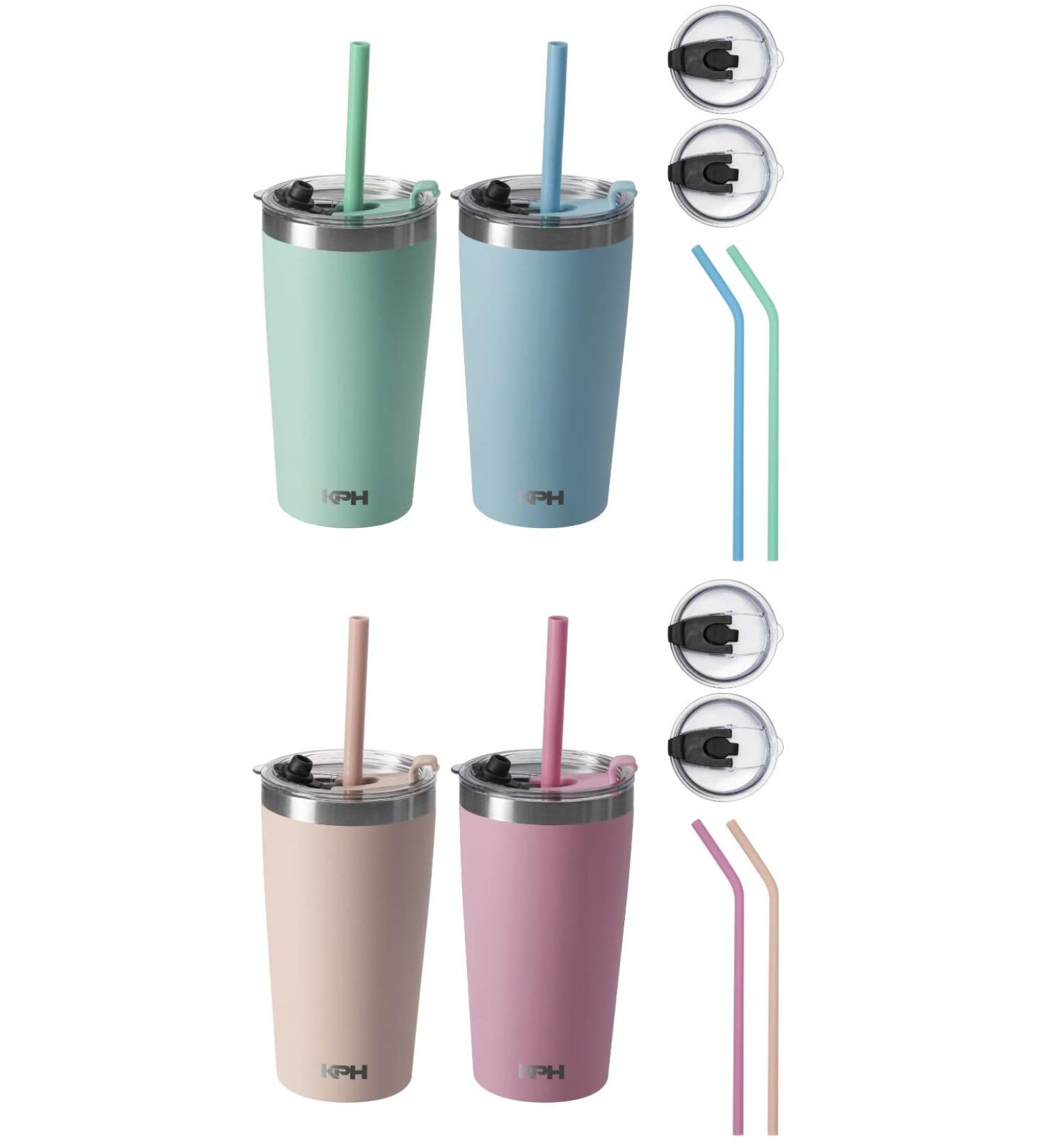 Klickpick Home Kids Cups Set - 12oz Stainless Steel Tumbler with Straws & Lids | Insulated Toddler Baby Straw Cup | Stackable & Powder Coated - Aqua Blue Green Peach Polignac - Buy Online on GoSupps.com