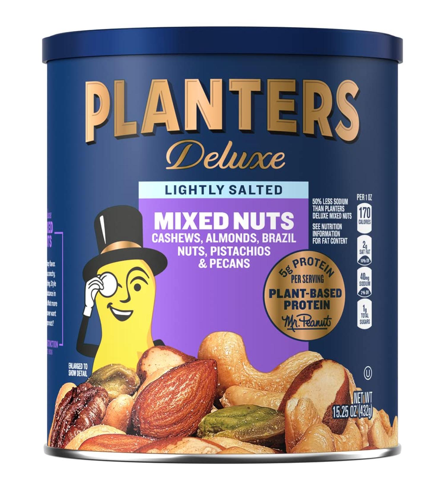 PLANTERS Deluxe Lightly Salted Mixed Nuts - 15.25 oz Resealable Container | Reduced Sodium, Vegan, Kosher Snacks - Buy Online on GoSupps.com