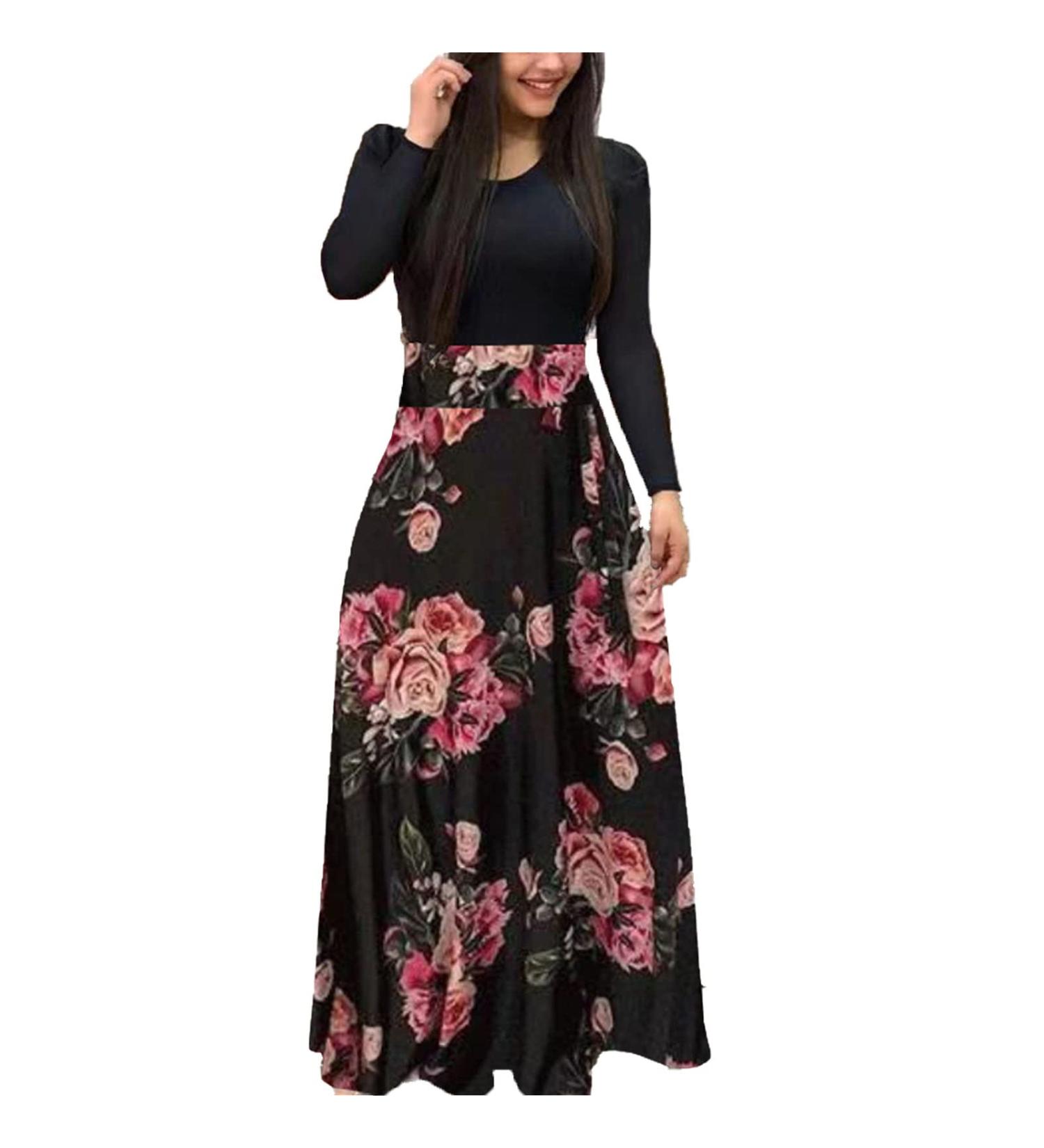 Women's Elegant Round Collar Dress Maxi Dress Swing Party Dress Cocktail Dress Floral Print Long Sleeve Tunic Dress Long Dress 4XL Pink 2