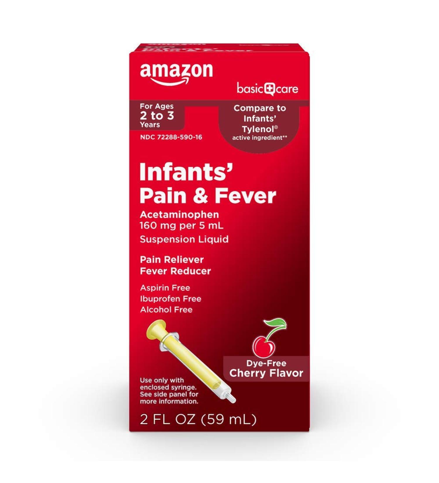 Amazon Basic Care Infants' Pain & Fever Acetaminophen 160mg per 5mL Suspension Liquid - Dye-Free Cherry Flavor - 2 fl oz - Buy Online on GoSupps.com