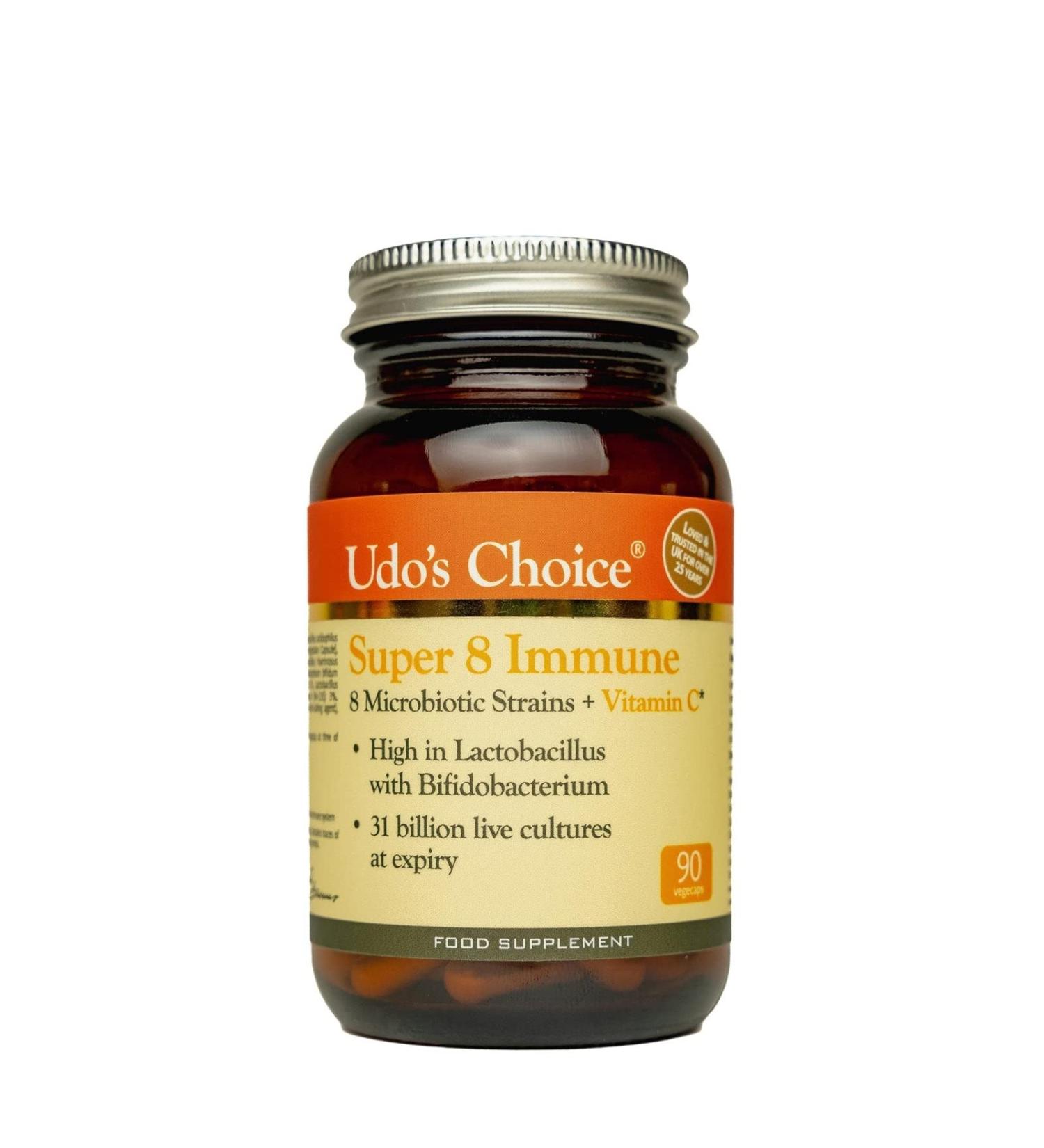 Udo's Choice Super 8 Immune Probiotics - 42 Billion Cell Count - 90 Capsules - Supports Bowel & Digestive Health - Vitamin C - 8 Microbiotic Strains - Buy Online on GoSupps.com
