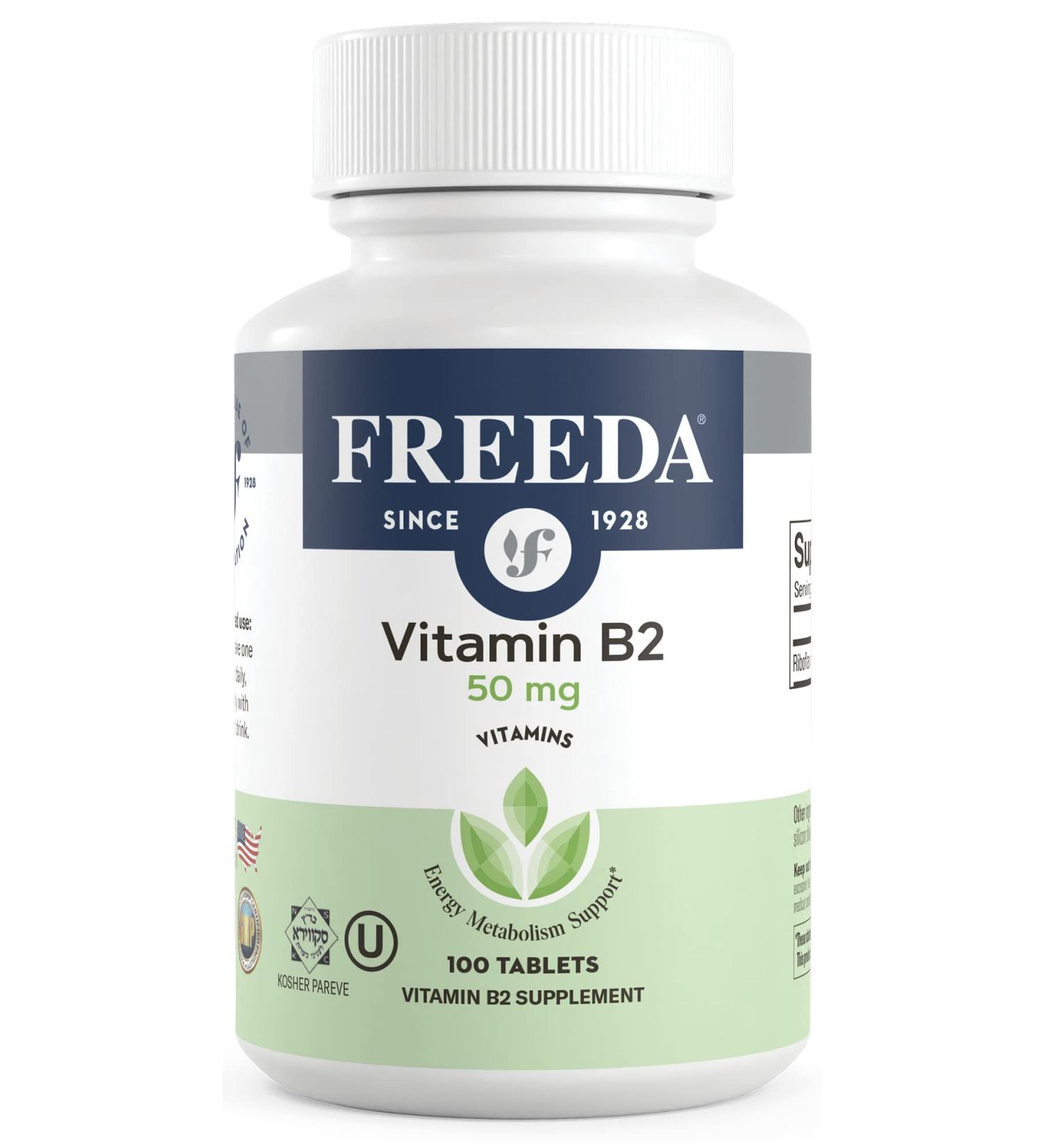 Freeda Vitamin B2 Riboflavin 50mg - Energy & Migraine Relief | Nervous System Support | Anti-Inflammatory | Kosher, Gluten-Free, Vegan | 100 Ct - Buy Online on GoSupps.com
