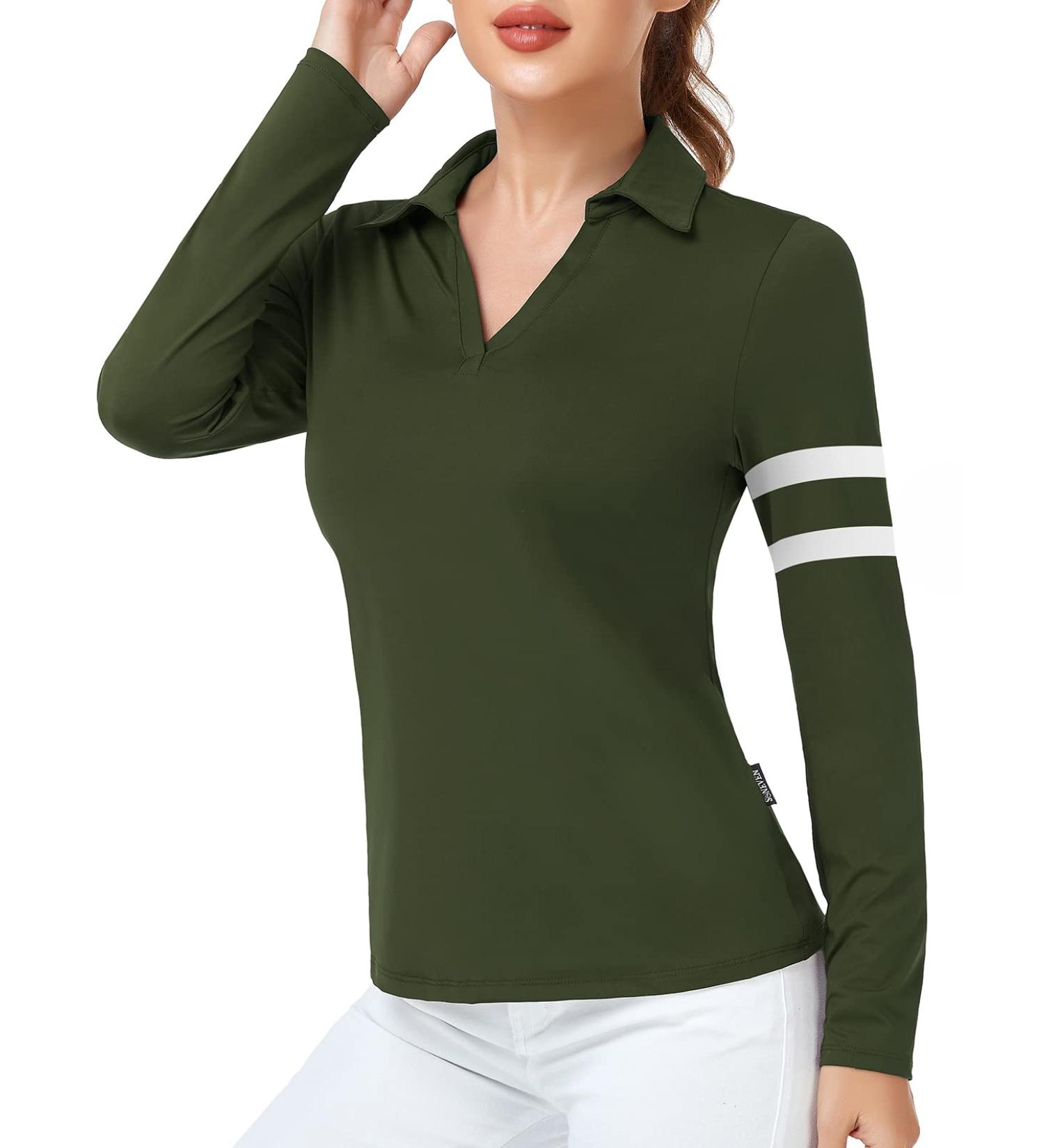 Soneven Women's Collared V Neck Long Sleeve Polo Shirt | Moisture Wicking Golf T-Shirt | Slim Fit for Casual Work | X-Large Green - Buy Online on GoSupps.com