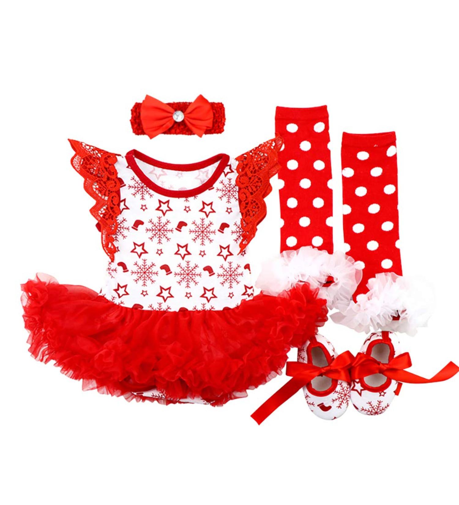 FYMNSI Baby Girls My First Christmas Outfit 4pcs Set | Princess Tutu Romper Dress with Bowknot Headband, Shoes, and Leg Warmers | 0-18 Months | 3-6 Months | White Snowflake Lace - Buy Online on GoSupps.com