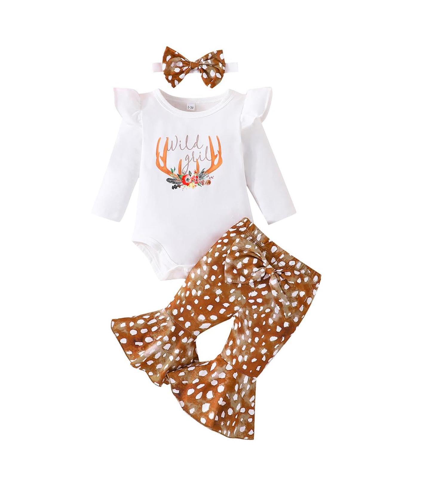 UUAISSO Baby Girls Cow Print Ruffled Long Sleeve Tops and Pants Set - 12-18 Months - Buy Online on GoSupps.com