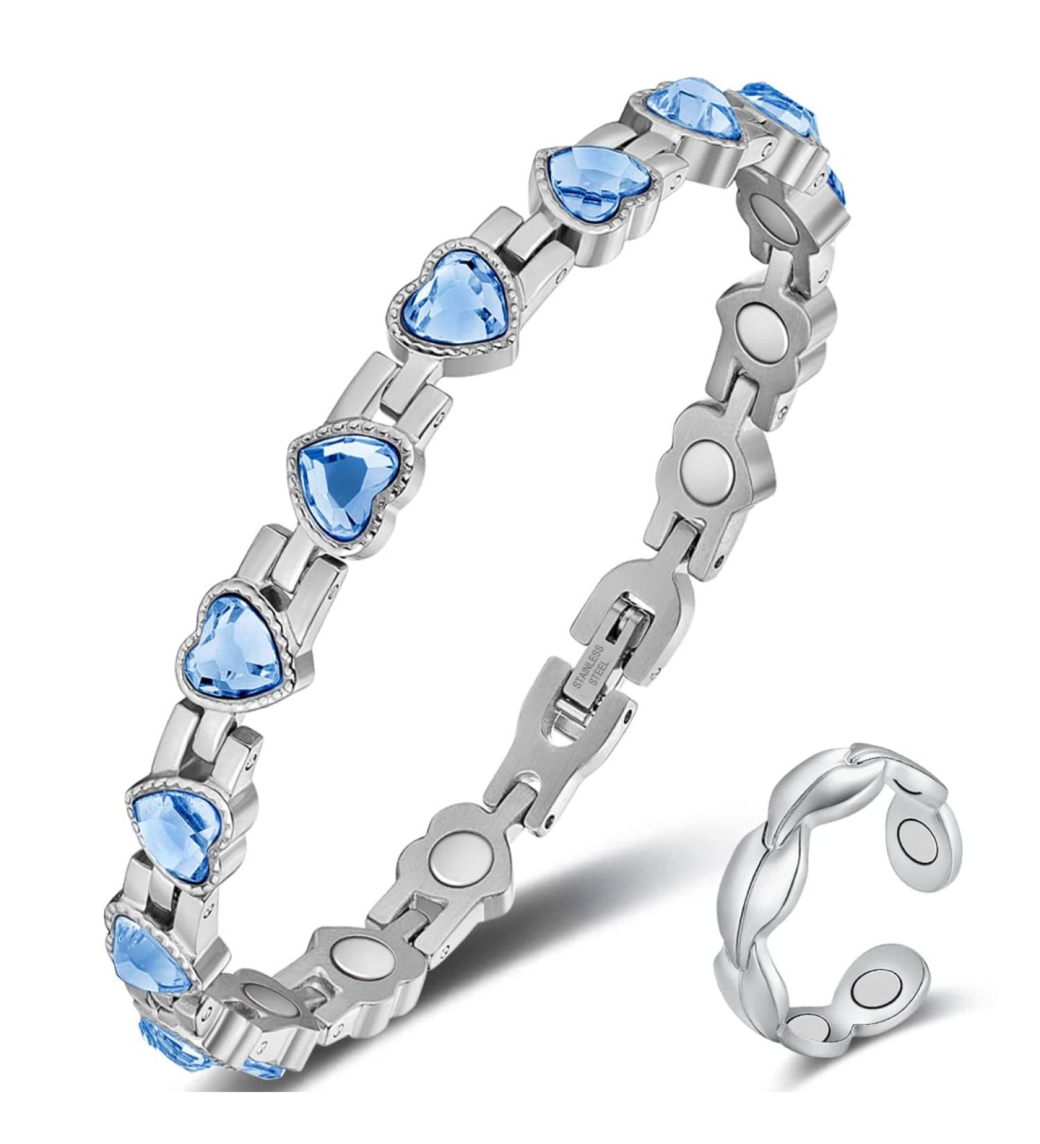 Vicmag Titanium Steel Lymphatic Drainage Magnetic Bracelet for Women - Ultra Strength Adjustable Bracelet with Removal Tool and Gift Box - Blue Heart Crystal - Buy Online on GoSupps.com