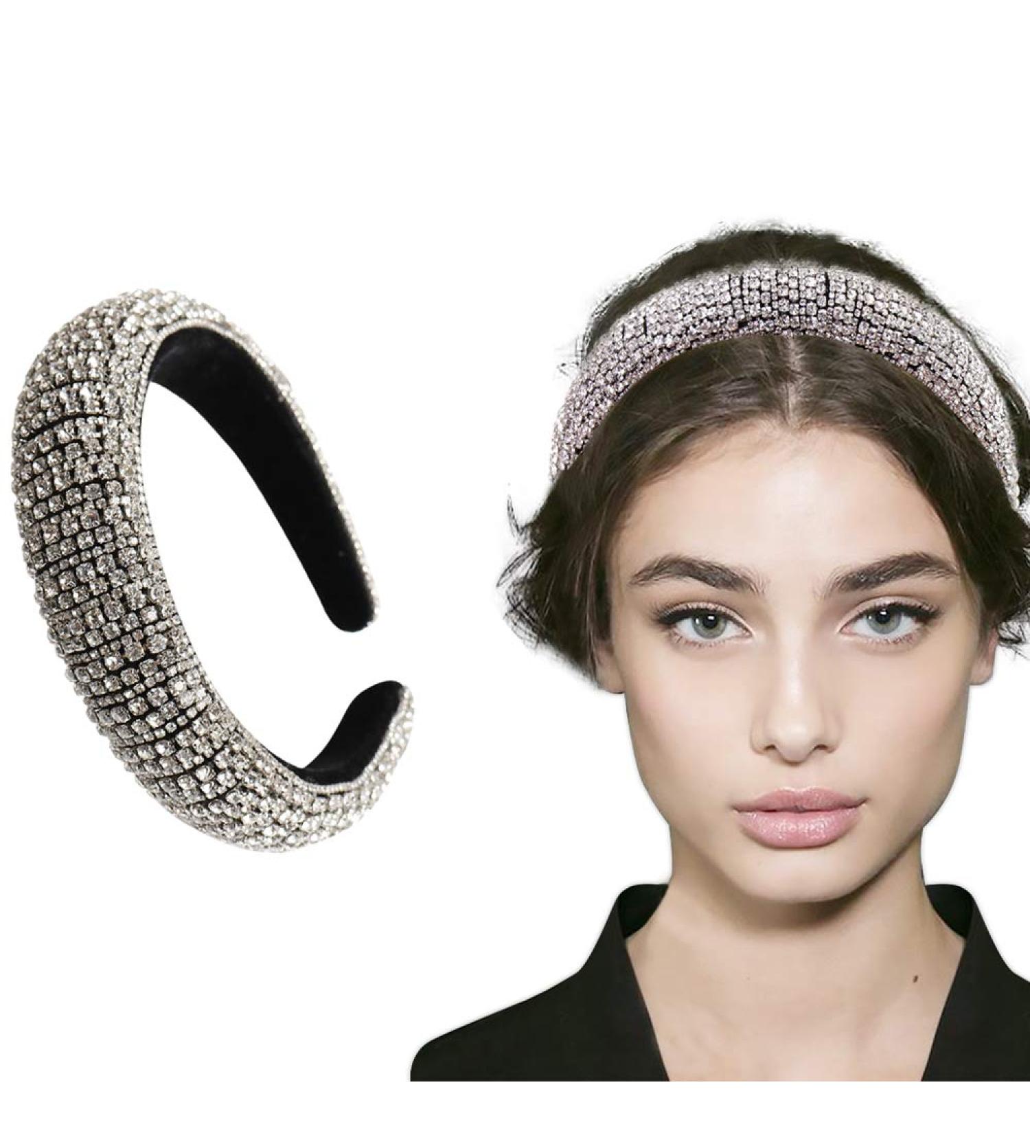 Milylove Rhinestone Crystal Diamond Headband - Handmade Wide Hair Hoop for Women - Beaded Bling Hair Band Accessory - Silver - Buy Online on GoSupps.com