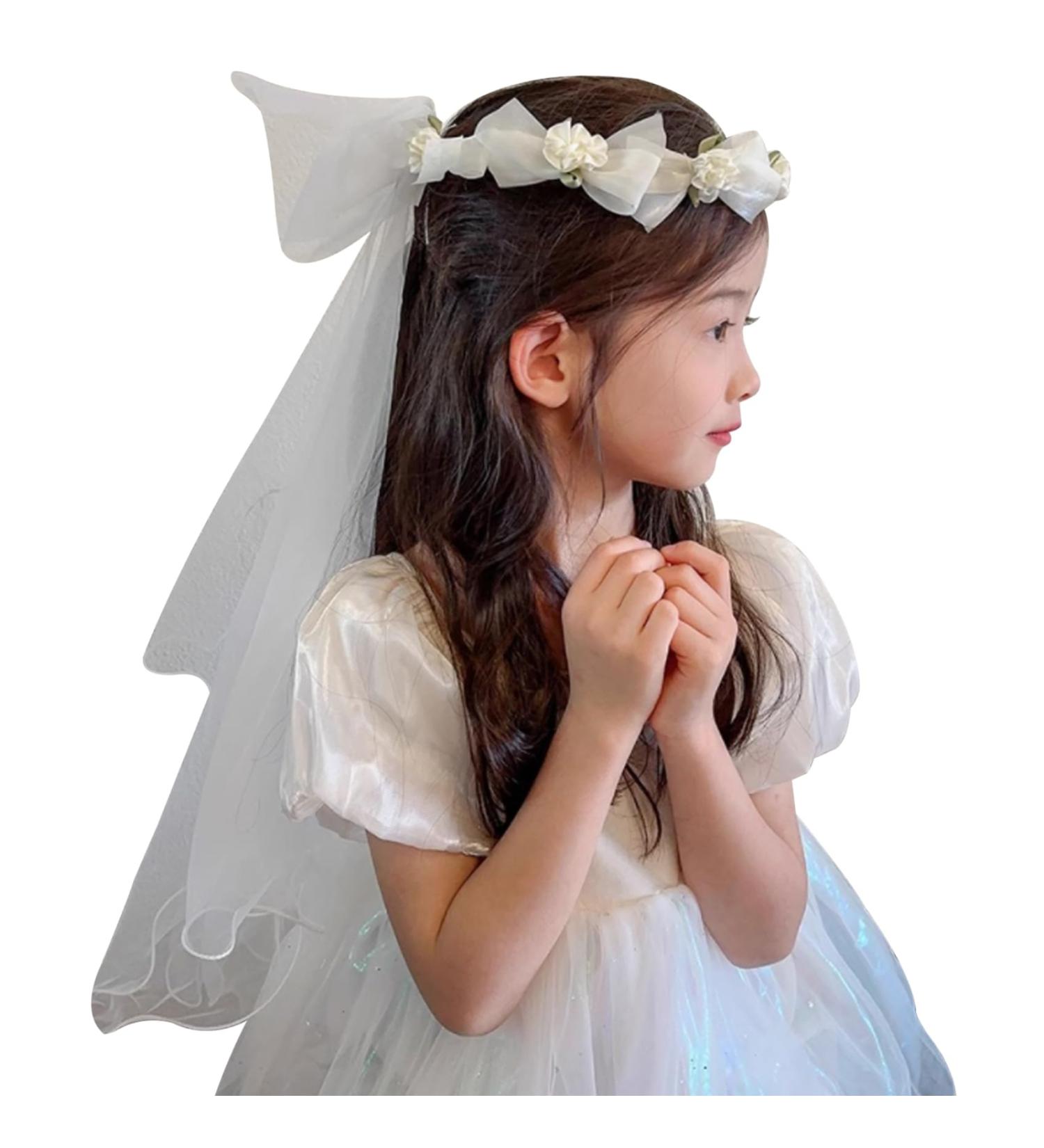 First Communion Veil with Light and Crystal First Holy Communion Veil for Girls White Bow and Flower Crown Lace Veil First Communion Headpiece for Girls First Communion Veil - Buy Online on GoSupps.com