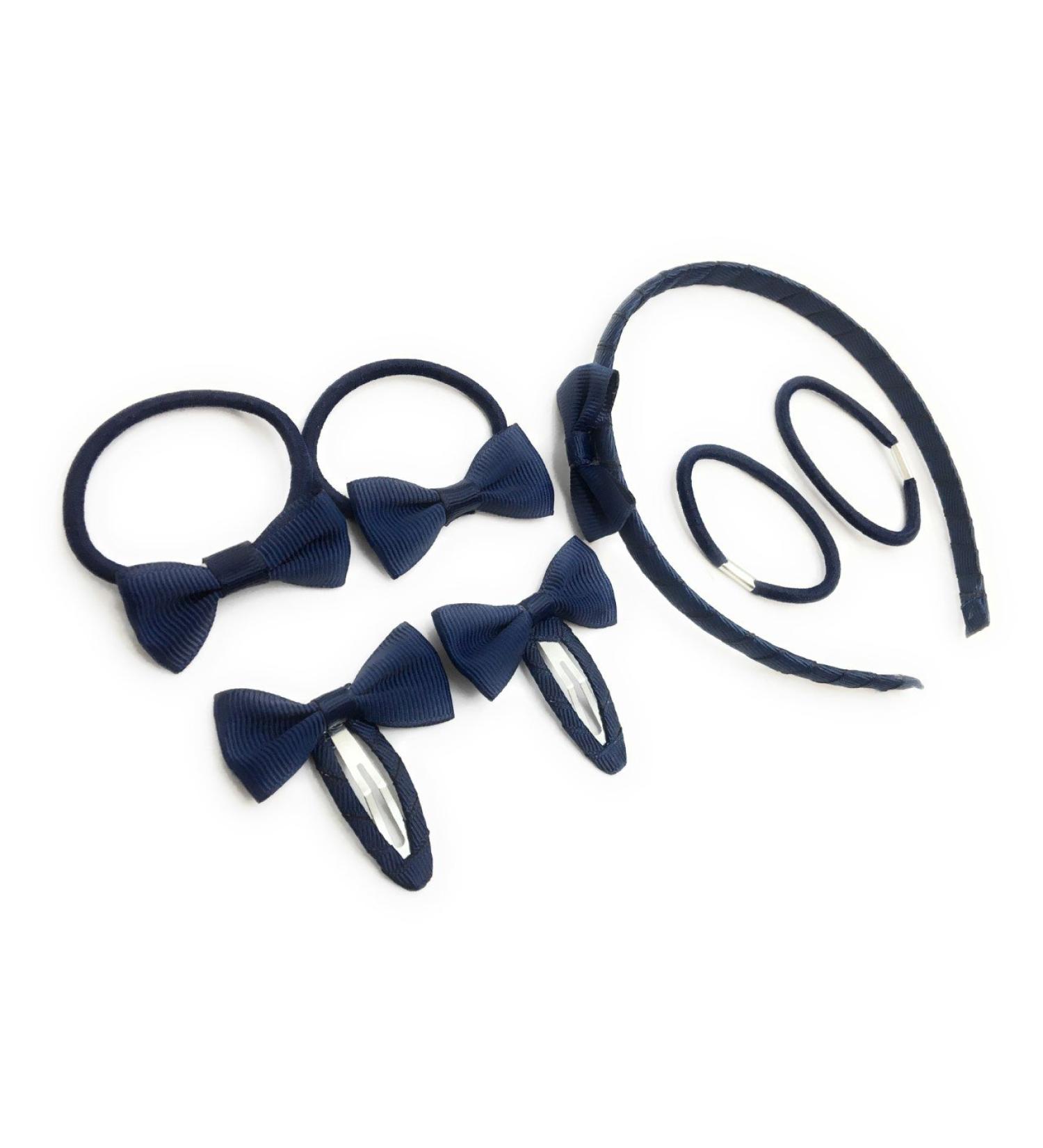 7 PIECE SCHOOL COLOURS Hair Bow Snap Clips SET ALICE BAND PONIOS PonyTail Holder Headband - Navy Blue