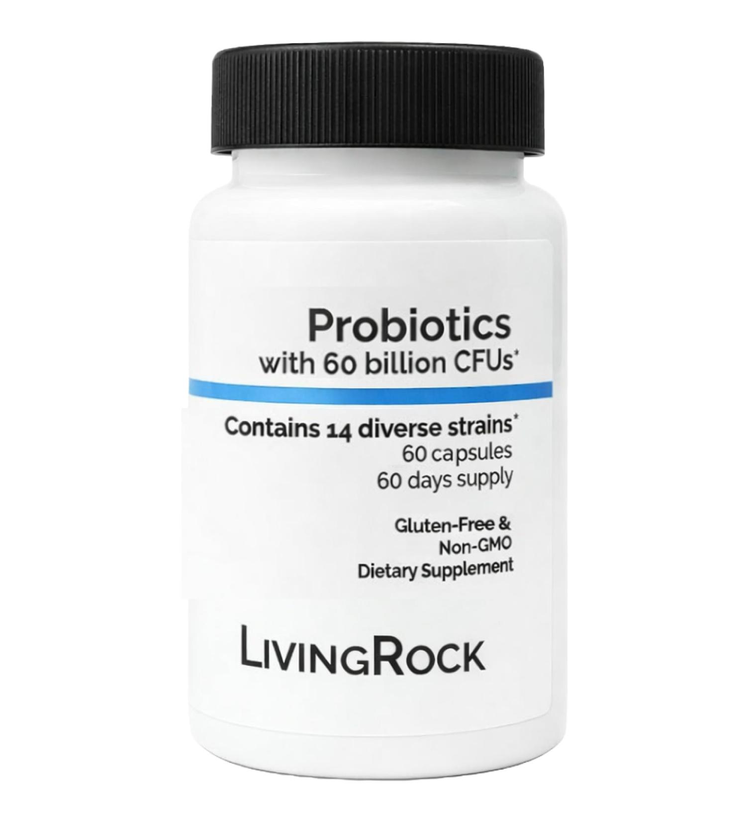 LivingRock Probiotics 60 Billion CFU 14 Diverse Strains + Prebiotic Fiber (FOS) with Zinc & Vitamin D3 Gluten-Free Non-GMO Dietary Supplement 60 Capsules - Buy Online on GoSupps.com