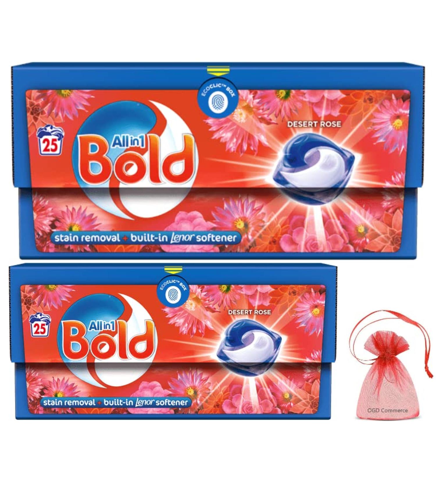 Bold All-in-1 Pods Laundry Washing Capsules 25capsules Built in Lenor Softener Desert Rose Scent 2Pk + Our Gift for You: Organza Small Bag Size: 9x7x0.1cm - Buy Online on GoSupps.com