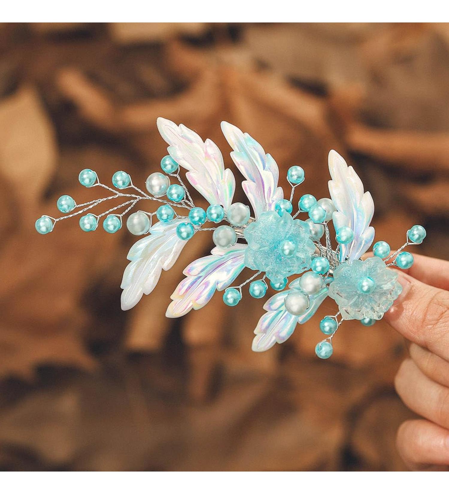 IYOU Blue Bridal Hair Clips Pearl Leaf Mermaid Hair Piece Flower Wedding Communion Barrette Hair Accessories for Women and Girls - Buy Online on GoSupps.com
