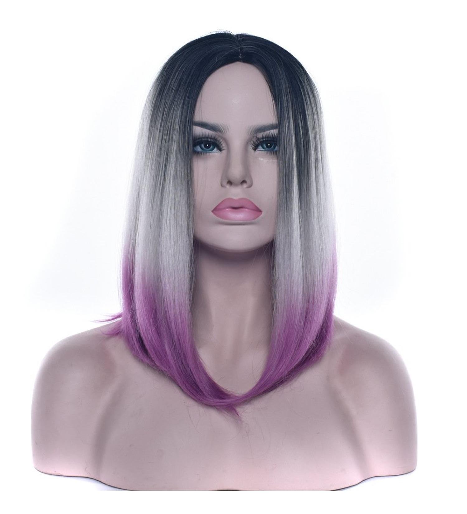 Fourding Ombre Bobsleigh Shoulder Length Wig for Women - Harajuku Style Black Gray Purple Hair for Halloween Cosplay & Anime Parties - Buy Online on GoSupps.com