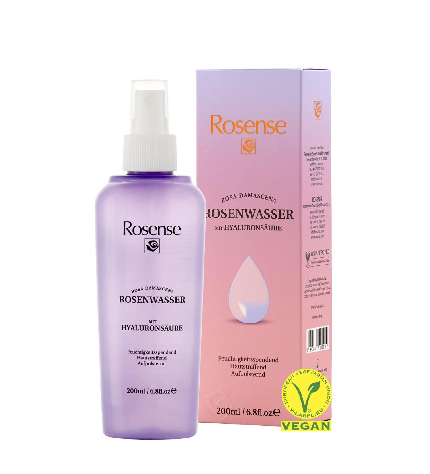 Rosense Rose Water Spray with Hyaluronic Acid - 100% Natural Vegan Facial Moisturizer & Cleanser (200ml) - Buy Online on GoSupps.com