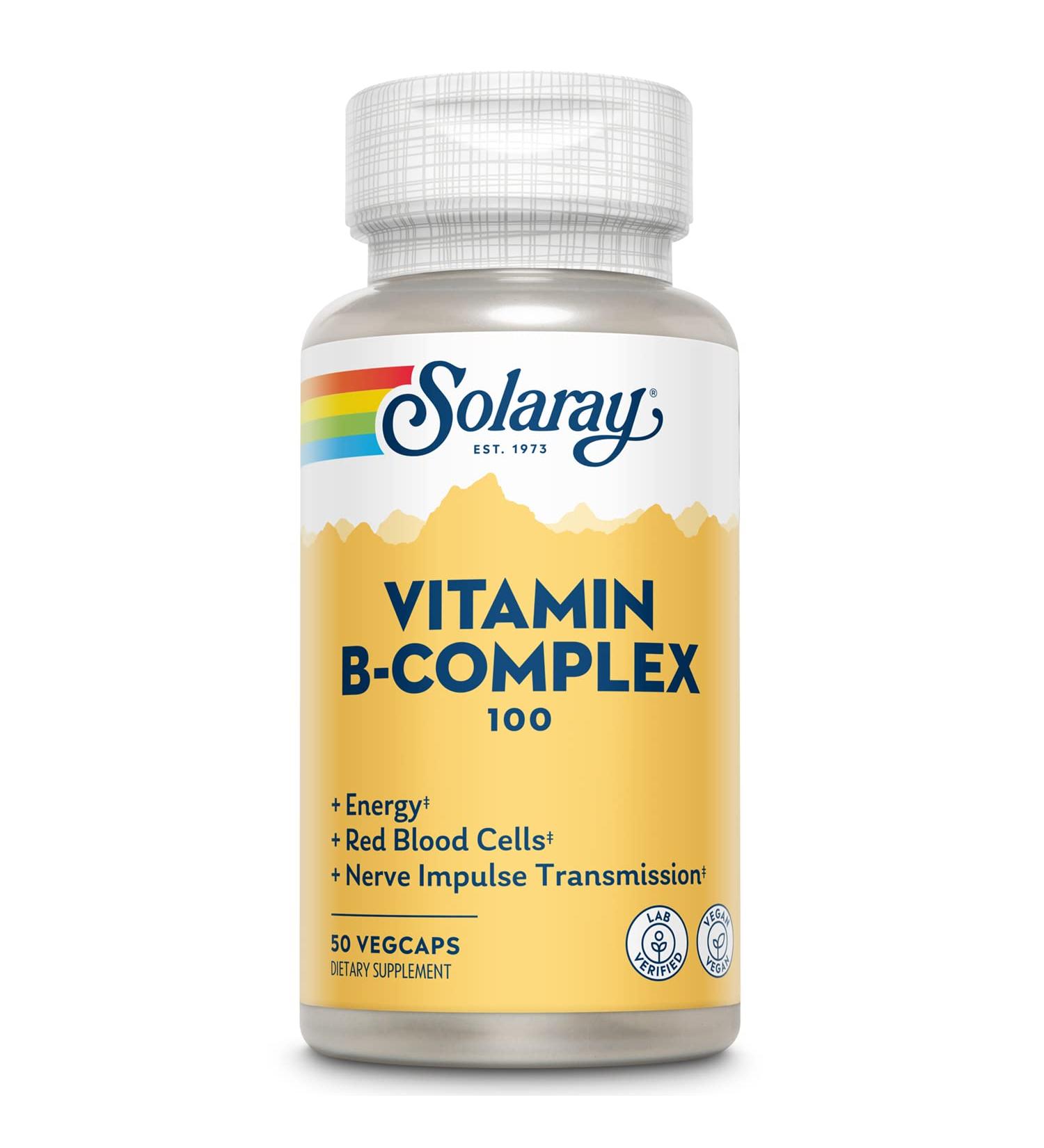 Solaray Vitamin B Complex 100 mg - Complete B Complex Vitamins for Women & Men with Folic Acid B6 B12 Biotin & More Energy Supplement Nerve Support - 50 Vegan Capsules - Buy Online on GoSupps.com