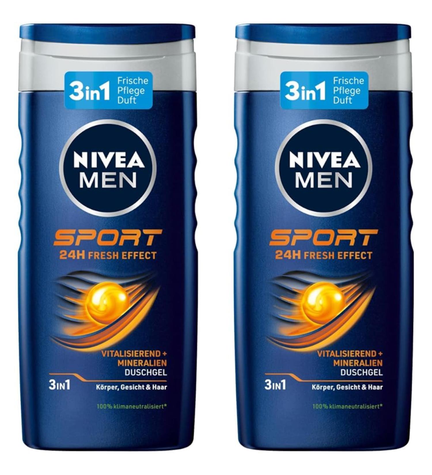 Nivea men sport shower gel (250 ml) pH -skin -friendly care shower with vitalizing fragrance men shower gel with minerals for body face and hair (pack with 2) 250 ml (2 -pack) Sport - new version