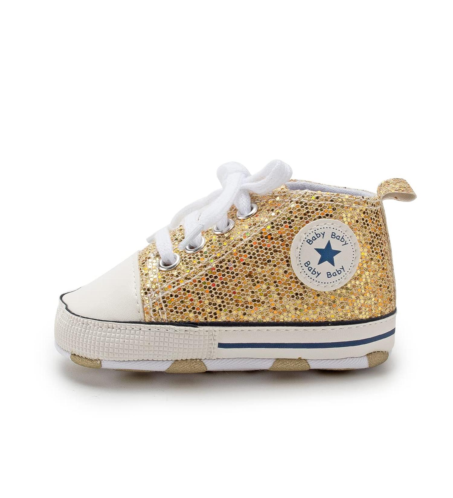 BaiEley High Top Gold Sequin Baby Sneakers 6-12 Months | Soft Sole First Walker Shoes - Buy Online on GoSupps.com