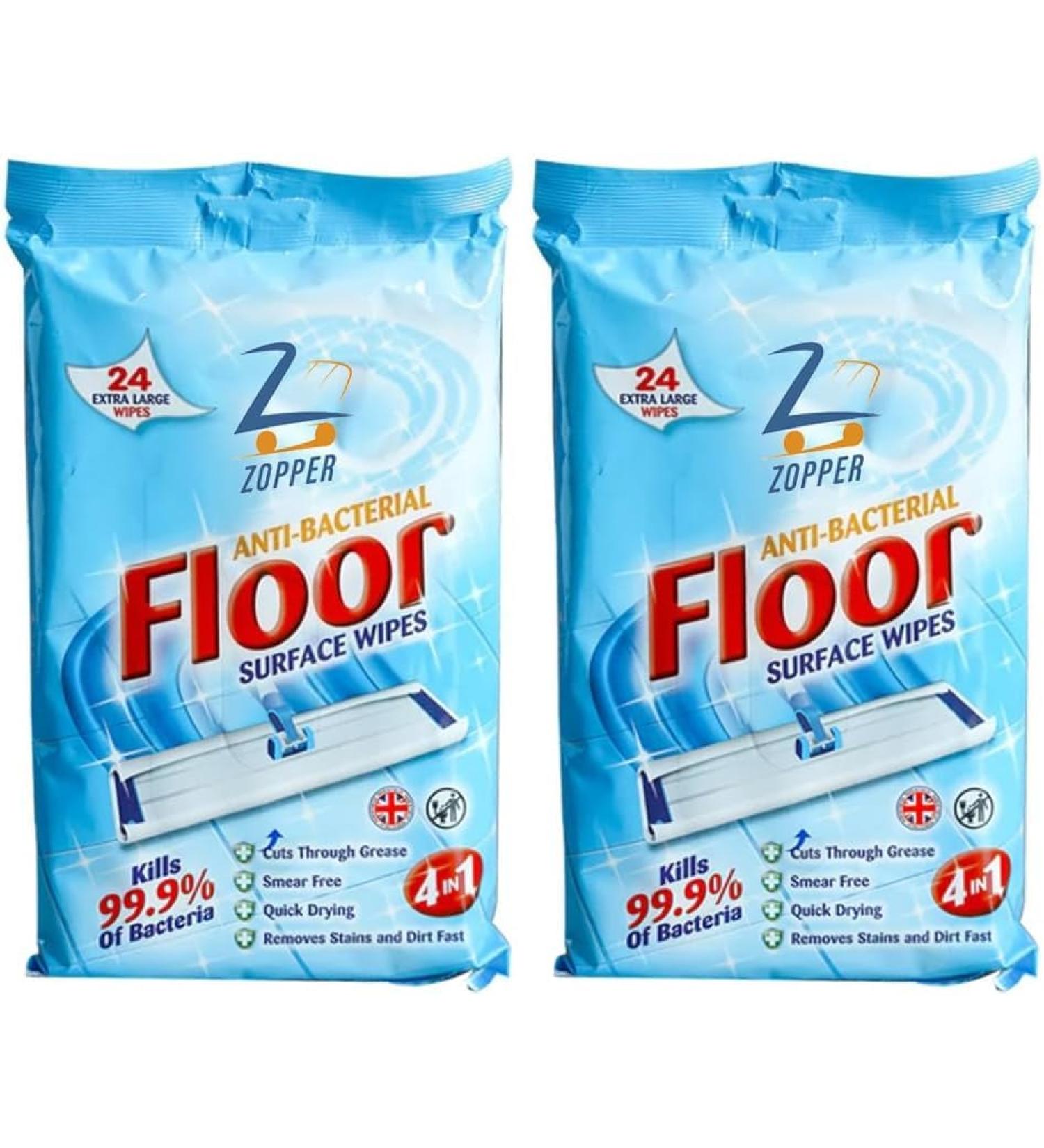 ZOPPER Anti Bacterial Floor Cleaning Wipes - 2 x 24 Extra Large Size, Removes Grime, Dirt & Stains, Smear Free, Kills 99.9% of Bacteria, Quick Drying Formula - Buy Online on GoSupps.com
