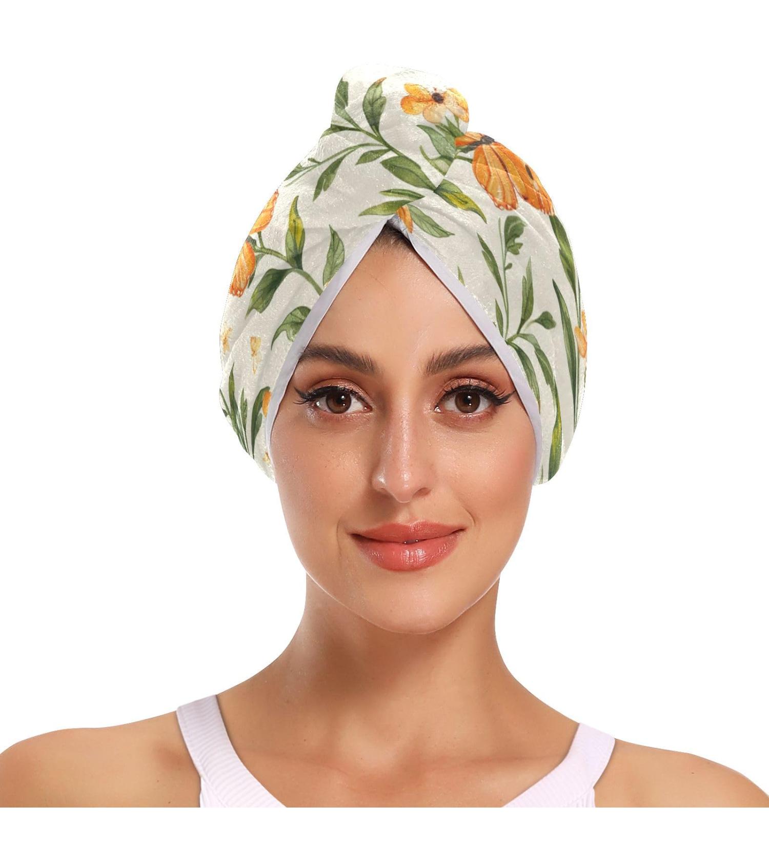 Orange Flowers Hair Towel Set - Super Absorbent Quick Dry Hair Turbans for Women & Girls | 2 Pack - Buy Online on GoSupps.com