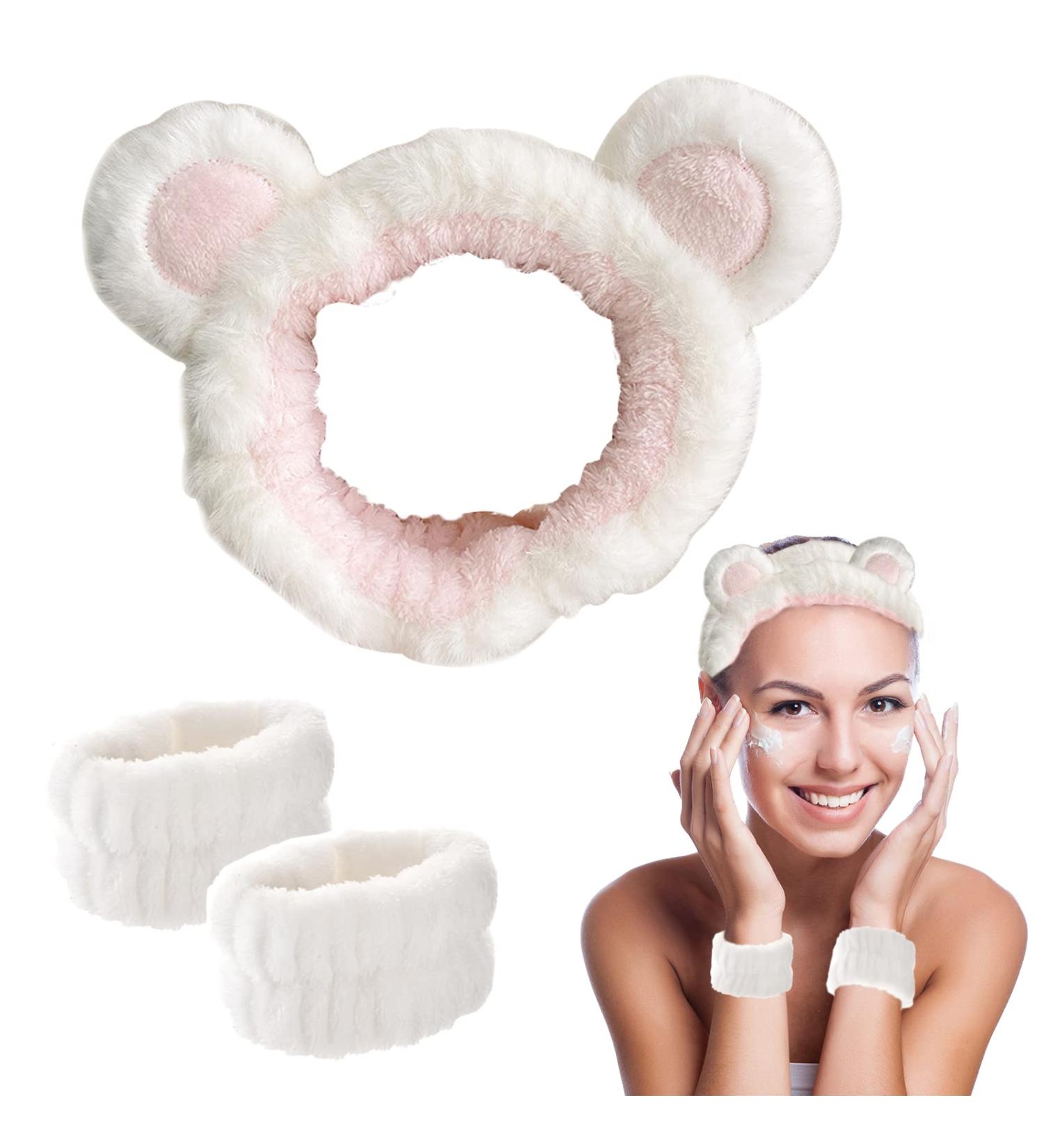 Women's Makeup and Skincare Headband with Matching Wristbands - White Bear Ears - Buy Online on GoSupps.com