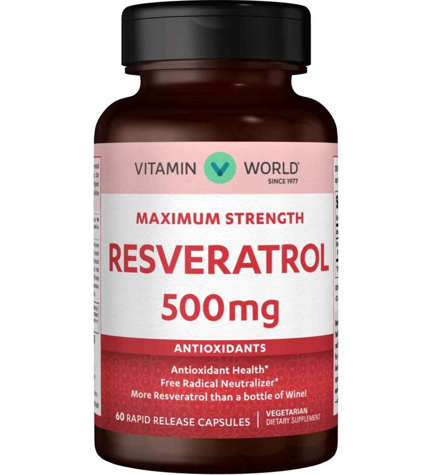 Vitamin World Resveratrol 500 mg. 60 Capsules Maximum Strength Antioxidant Support Rapid-Release Vegetarian Gluten Free
