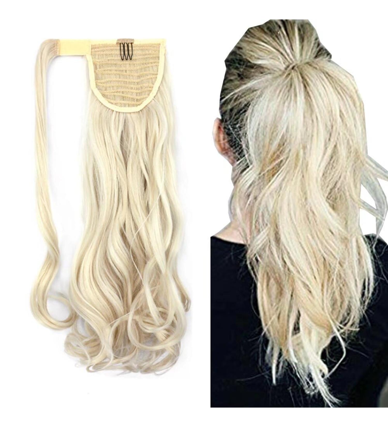 iLUU 18" Synthetic 100g Long Wavy Curly Ponytail Hair Extensions #1001 Snow White Mixed with #613 Bleach Blonde Clip in Hairpiece Pony Tail Hair Extensions for Women 1001/613-white blonde/bleach blonde - Buy Online on GoSupps.com
