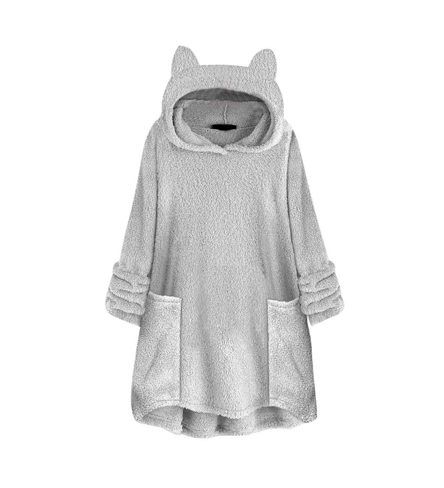 Bigfanshu Womans Tops Fleece Cat Ear Plus Size Long Sleeve Hoodie Pocket Top Sweater Blouse Gray - Buy Online on GoSupps.com