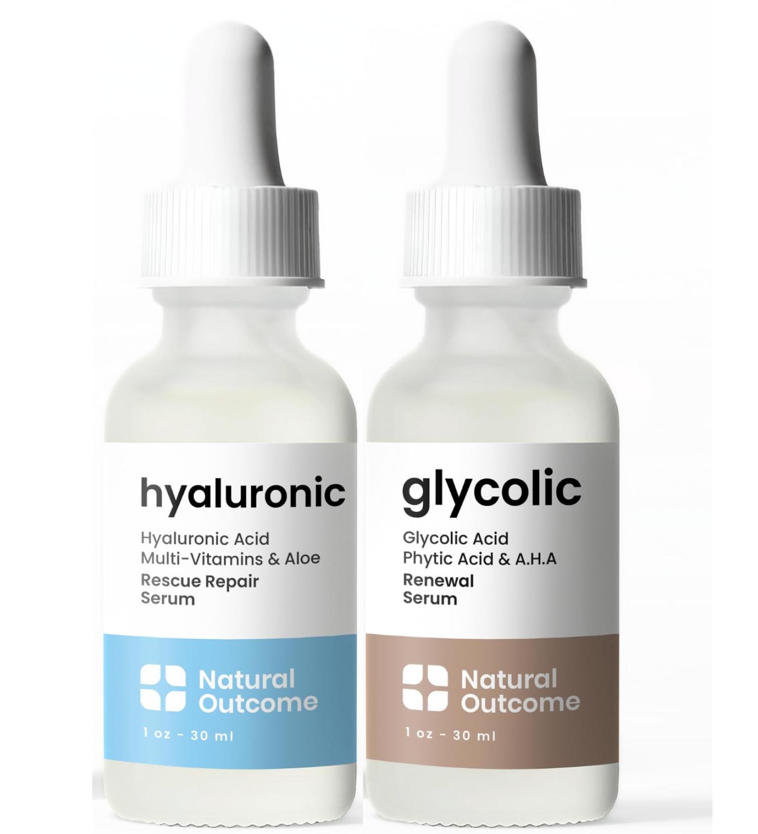 Natural Outcome Hyaluronic Acid and Glycolic Serum - Night and Day Anti Aging Facial Serum and Hydrating Serum Set 1 oz Each Vegan Cruelty Free & Fragrance Free