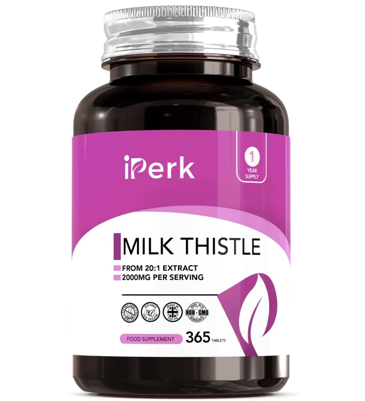 iperk Milk Thistle 365 Tablets | High Strength 80% Silymarin | Vegan GMO-Free Gluten-Free, Made in The UK - Buy Online on GoSupps.com
