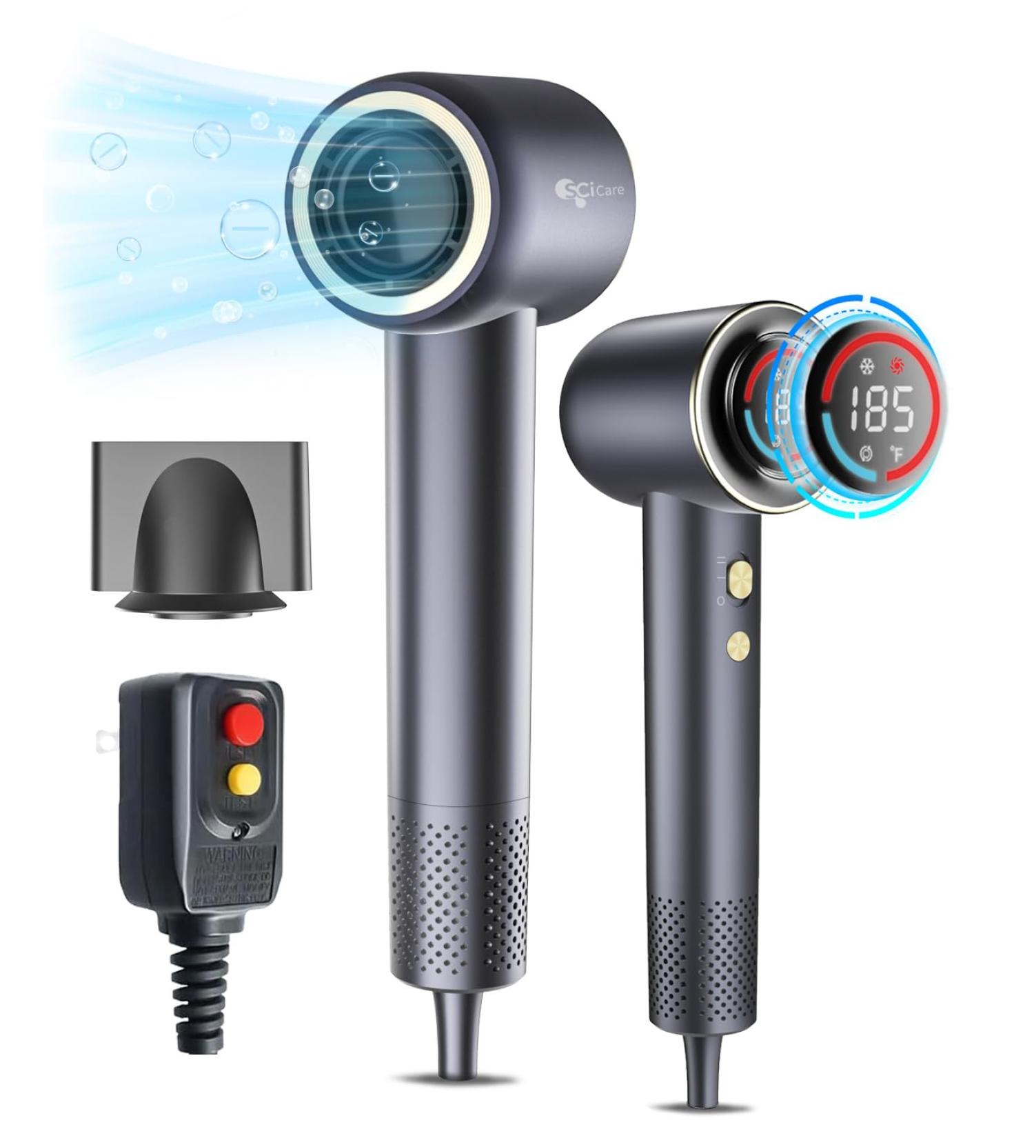 Professional 400 Million Ionic Hair Dryer | 1400W High Speed Low Noise Fast Drying | Lightweight Bluish Grey Hair Blow Dryer with HD Display & Styling Nozzle - Buy Online on GoSupps.com