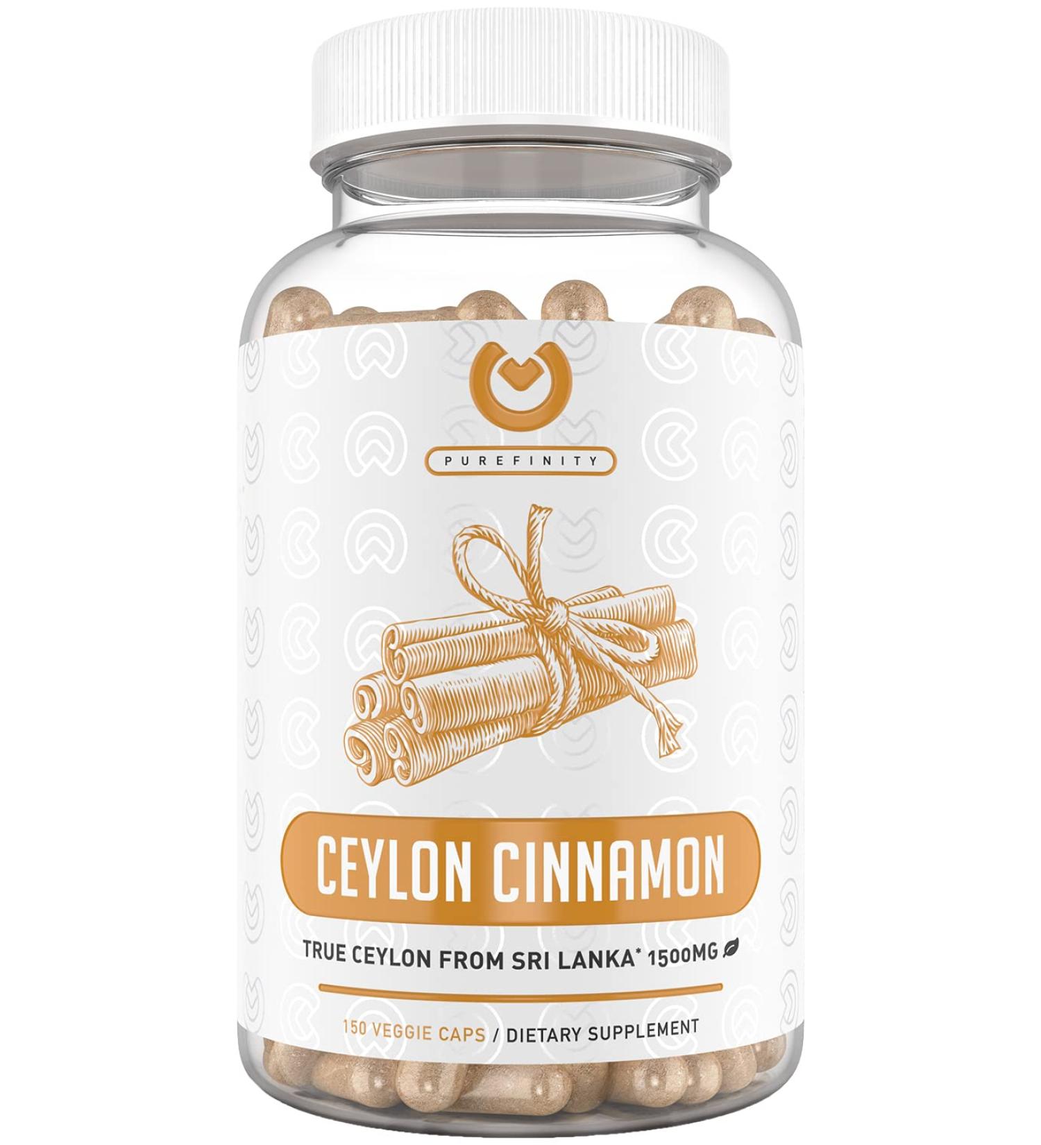 Purefinity Ceylon Cinnamon Capsules - 1500mg Pure Sri Lankan Cinnamon for Joint Health & Antioxidant Support - 150 Vegan Capsules - Buy Online on GoSupps.com